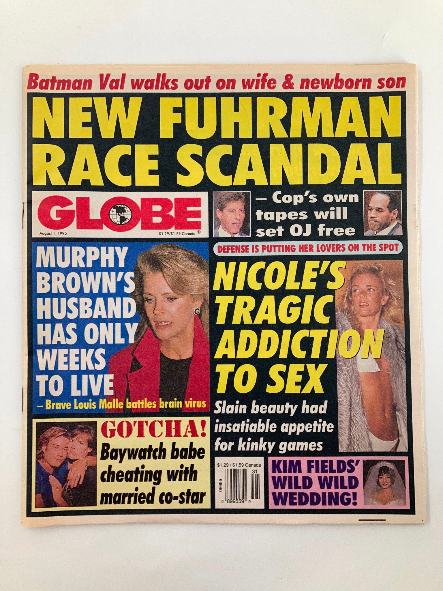 Globe Magazine August 1 1995 Murphy Brown, Louis Malle, Batman Val VG Tabloid