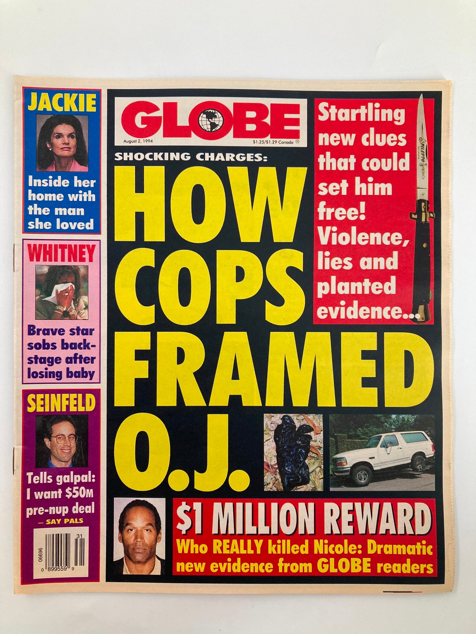 Globe Magazine August 2 1994 Jackie Onassis, Whitney Houston VG Tabloid