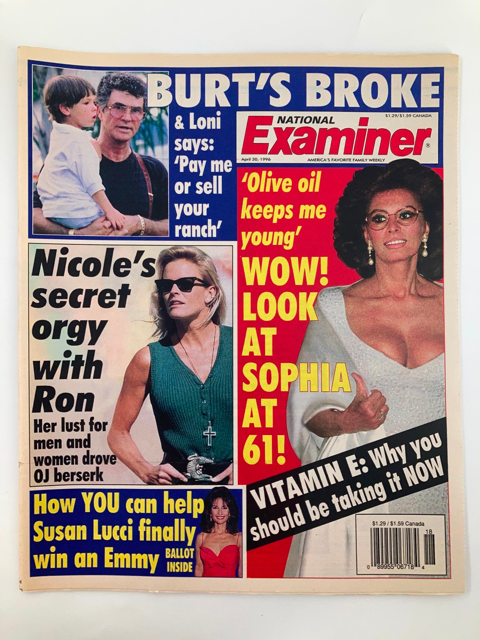 National Examiner Magazine April 30 1996 Burt & Loni, Susan Lucci VG Tabloid