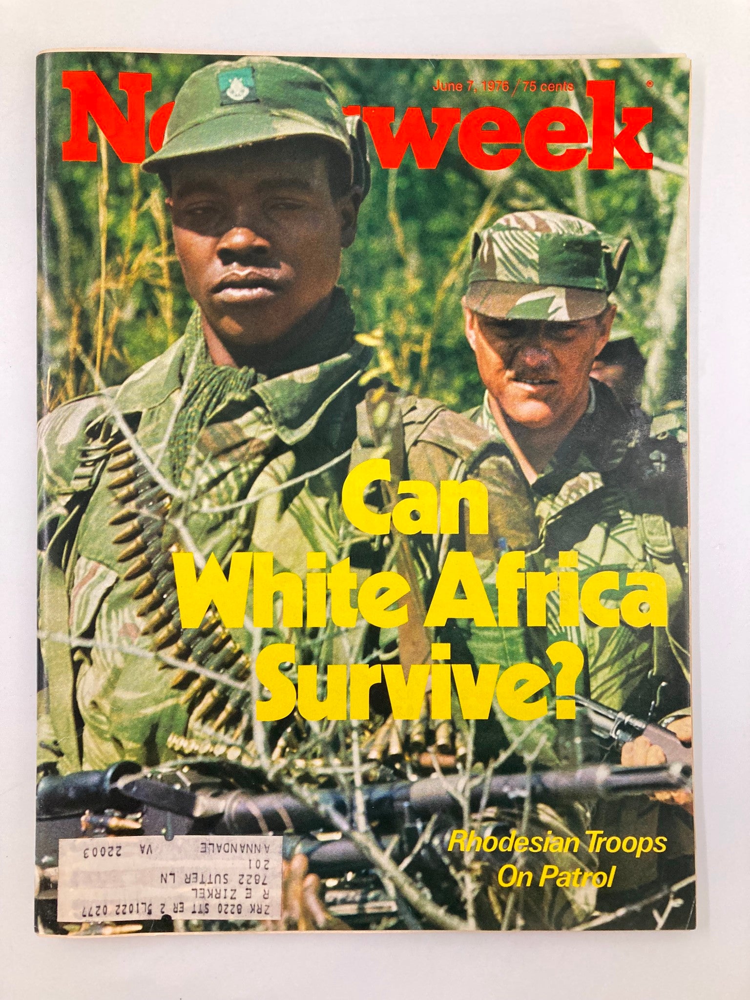 VTG Newsweek Magazine June 7 1976 featuring an image of Rhodesian troops on patrol with a soldier in camouflage and a striking cover title 'Can White Africa Survive?'