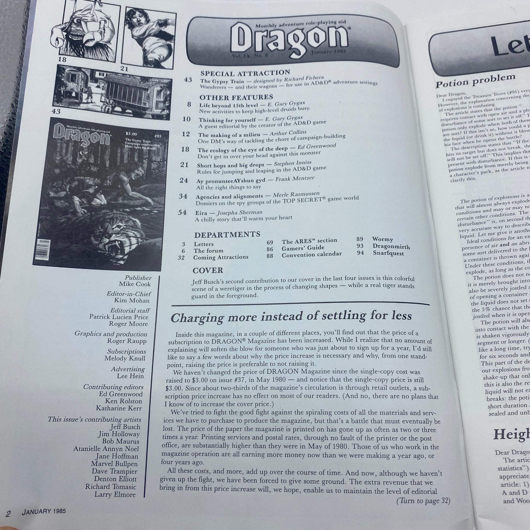 Inside page of VTG Dragon Magazine January 1985 #93, displaying the table of contents, with features on role-playing game strategies, including insights about the cover art by Jeff Busch.