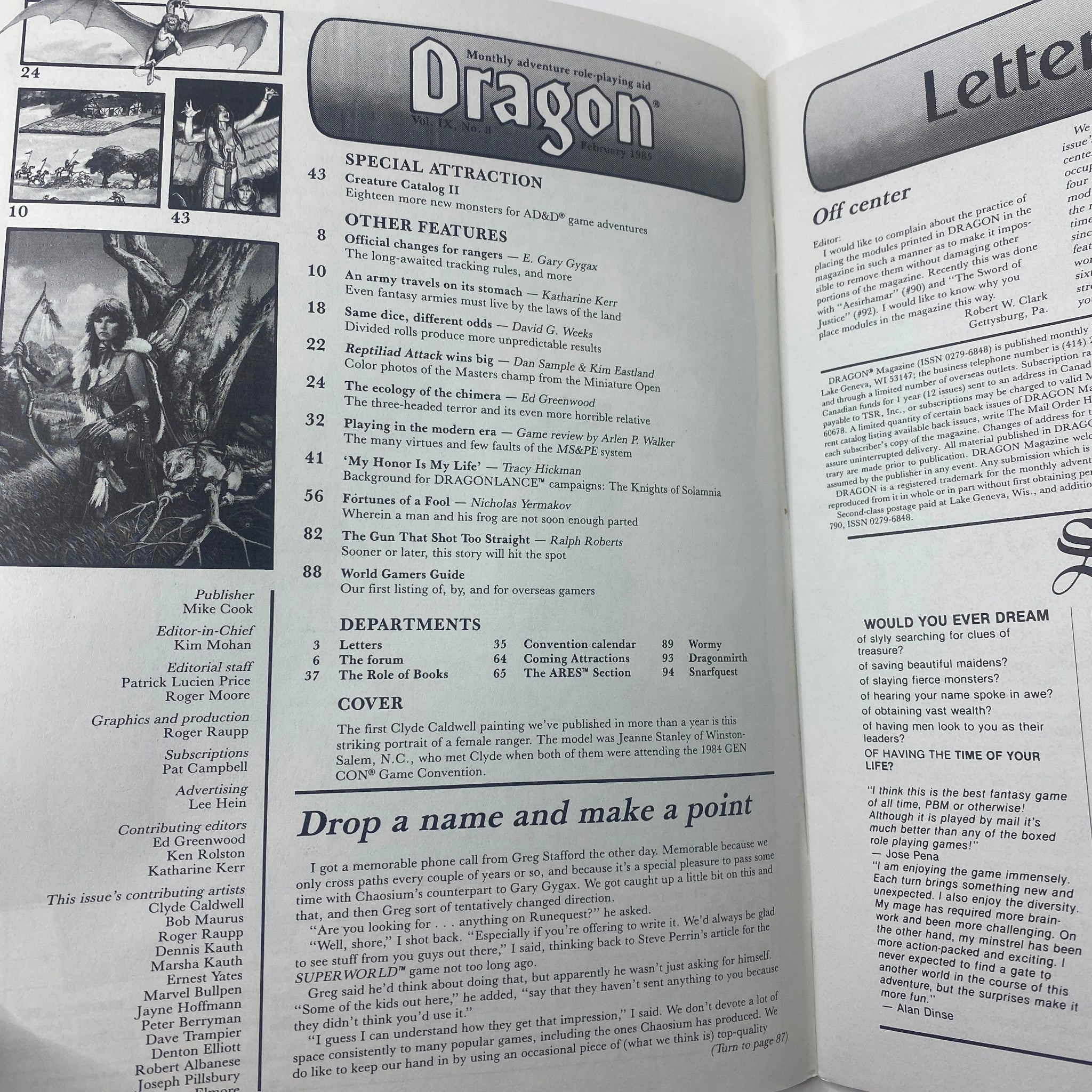 Interior page of VTG Dragon Magazine February 1985 #94 showcasing the table of contents and various articles related to tabletop role-playing games.