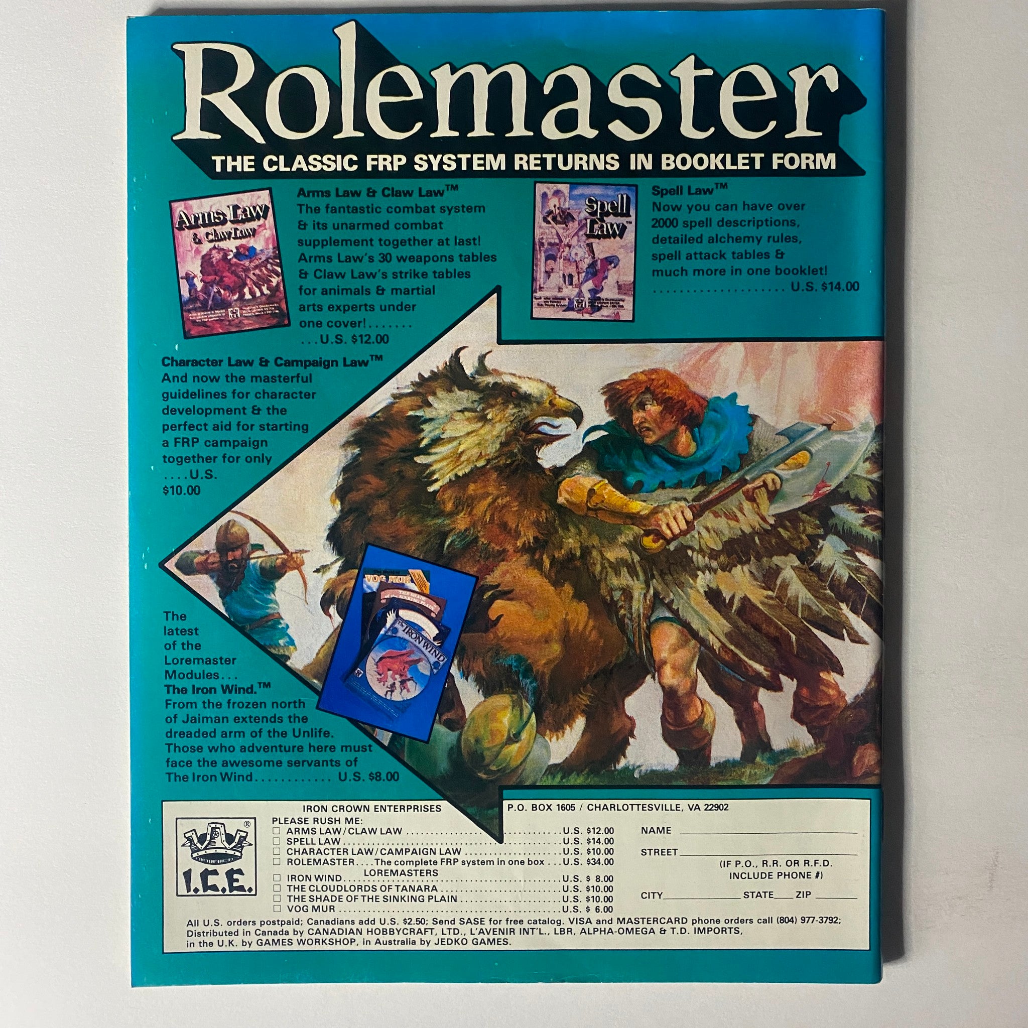 Back cover of VTG Dragon Magazine February 1985 #94 highlighting advertisements and artwork related to the Rolemaster game system.