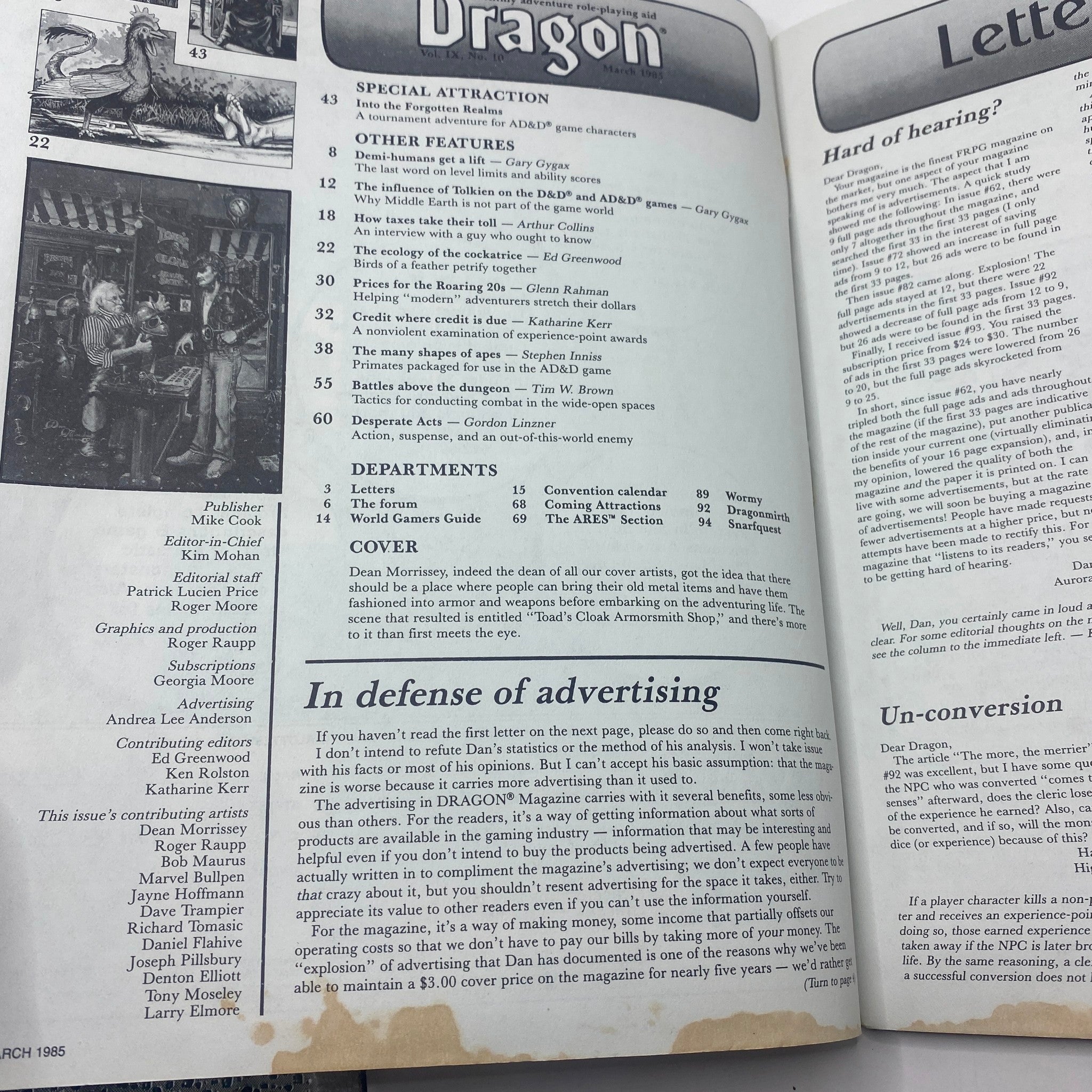 Interior page of VTG Dragon Magazine March 1985 #95 showcasing content details including article titles and a feature on the magazine's cover art by Dean Morrissey.