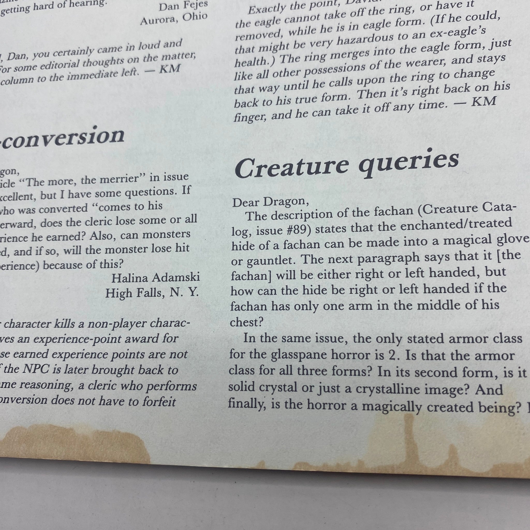 Interior page of VTG Dragon Magazine March 1985 #95 featuring a 'Dear Dragon' letters section discussing RPG gameplay and character queries.