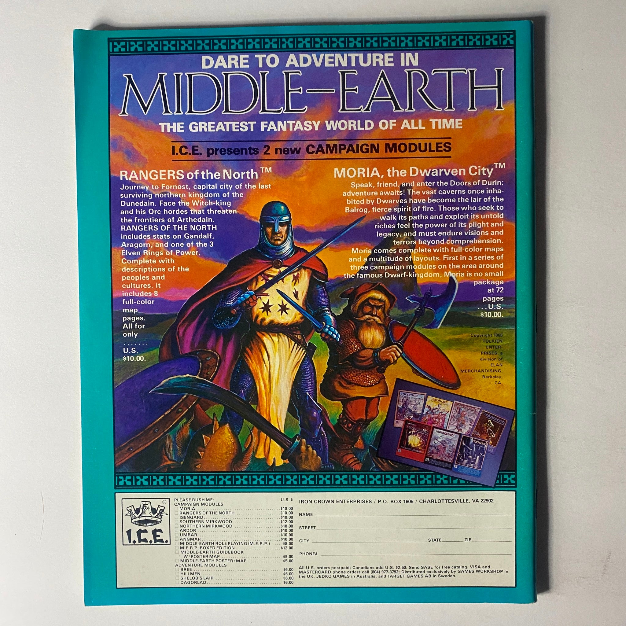 Back cover of VTG Dragon Magazine April 1985 #96 displaying an advertisement for I.C.E. campaign modules set in Middle-earth, featuring colorful artwork of characters from the fantasy realm.