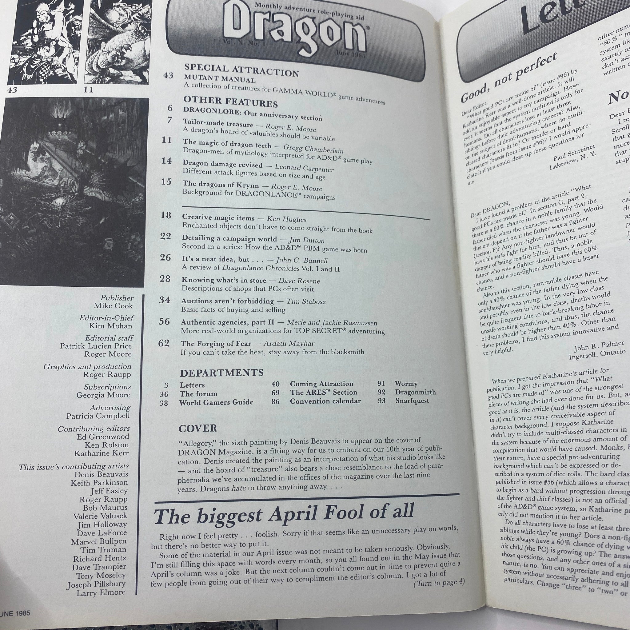 Interior page of VTG Dragon Magazine June 1985 #98, displaying contents and articles covering topics related to tabletop role-playing games, including special features and creative magic items.
