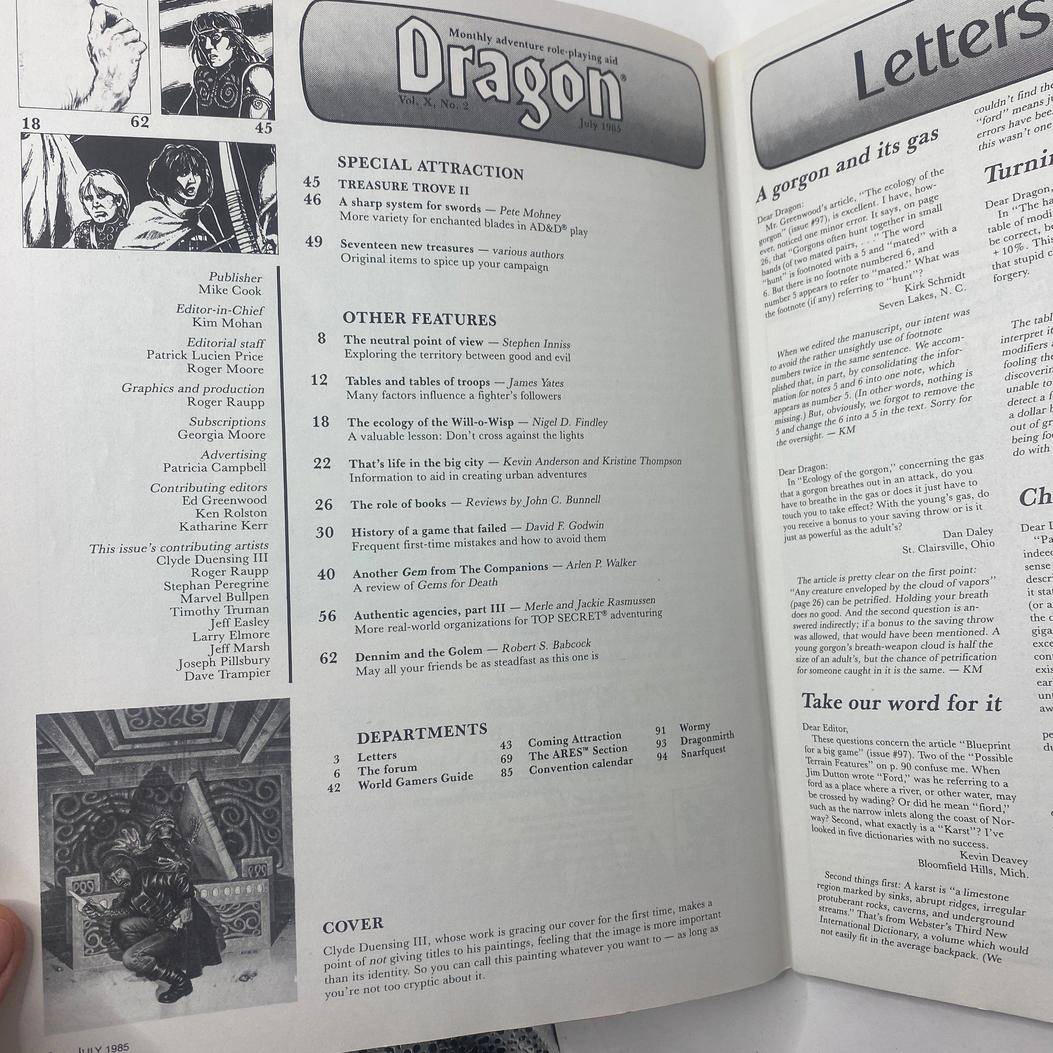 Interior page of VTG Dragon Magazine July 1985, Issue #99 displaying the table of contents, including articles and departments related to tabletop RPGs and gaming strategies.
