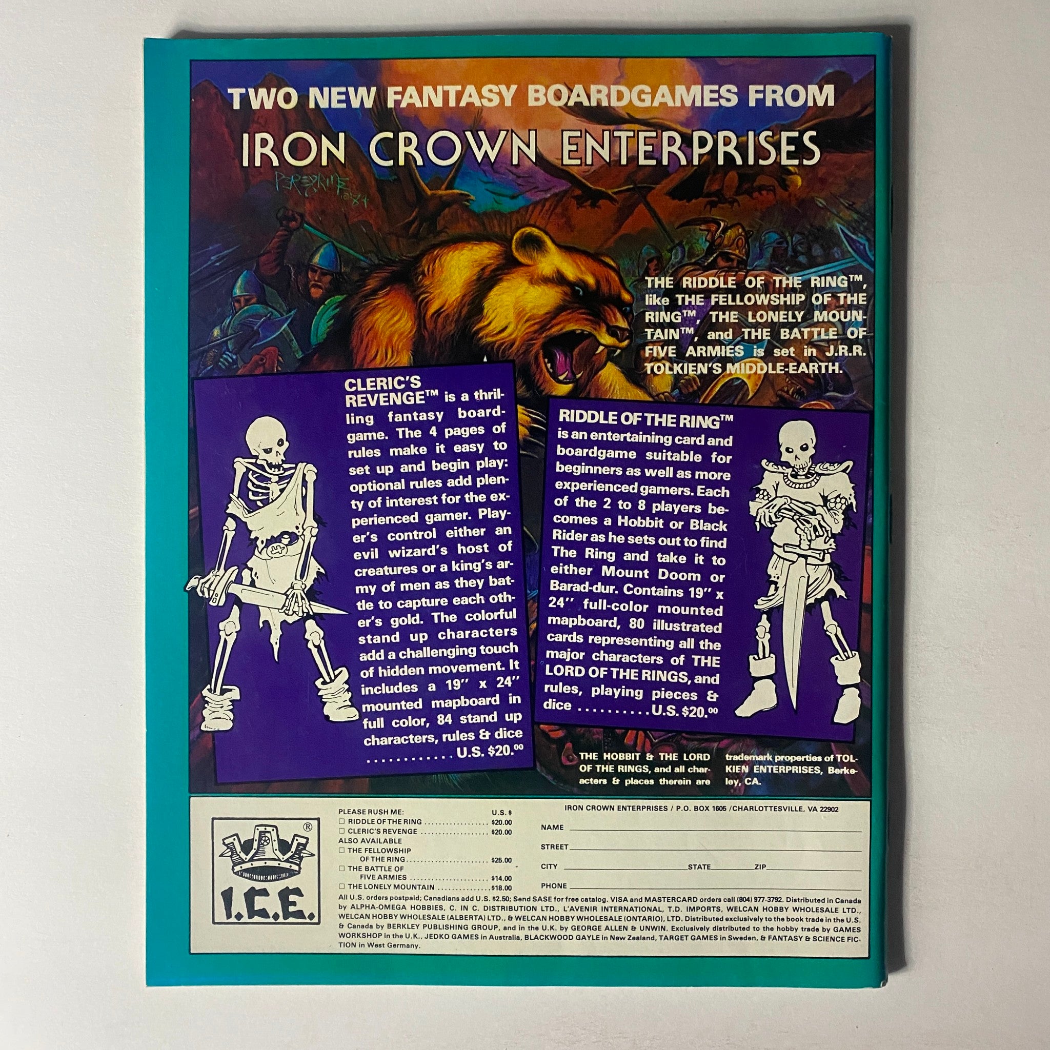 Back cover of VTG Dragon Magazine July 1985, Issue #99 featuring advertisements for fantasy board games from Iron Crown Enterprises, highlighting the games 'Cleric's Revenge' and 'Riddle of the Ring'.
