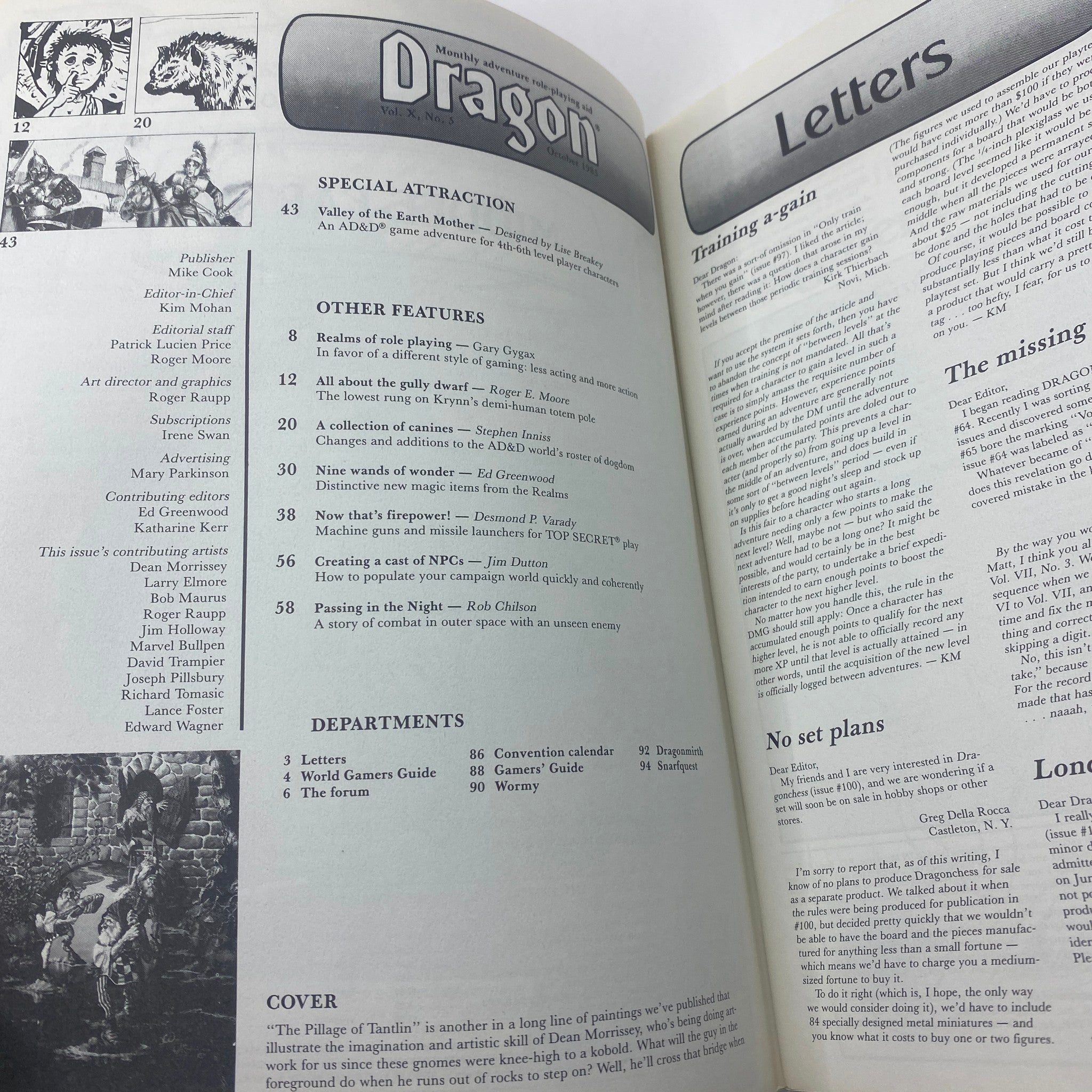 Interior page of VTG Dragon Magazine October 1985 #102 showcasing the table of contents and articles related to Dungeons & Dragons and role-playing games.