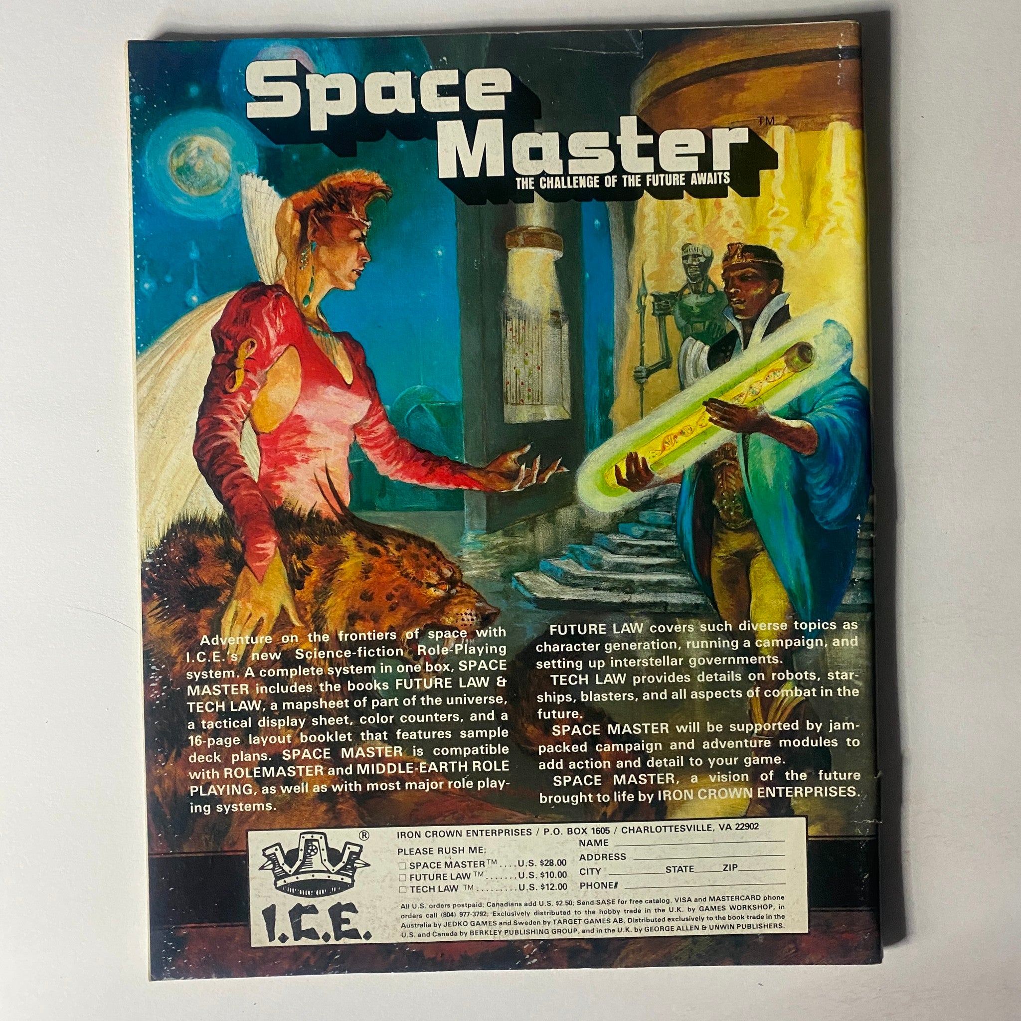 Cover of the Space Master role-playing game product by I.C.E., featuring vibrant artwork depicting a fantasy setting with characters engaged in a sci-fi adventure. This image is part of the VTG Dragon Magazine October 1985 #102 The Pillage of Tantlin collection, showcasing the creativity of 1980s tabletop gaming culture.