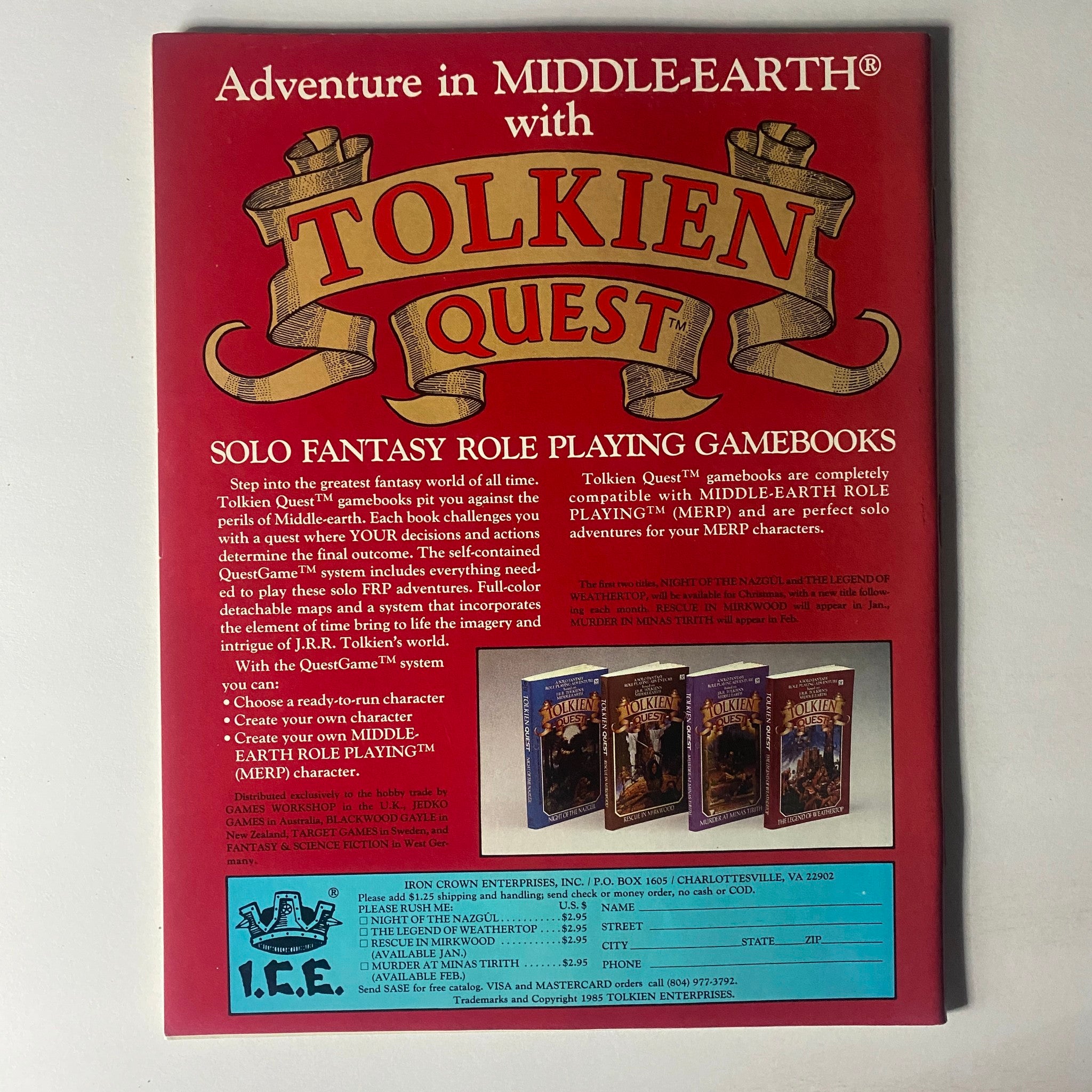 Back cover of Dragon Magazine November 1985 Issue #103 advertising Tolkien Quest solo fantasy role-playing gamebooks.