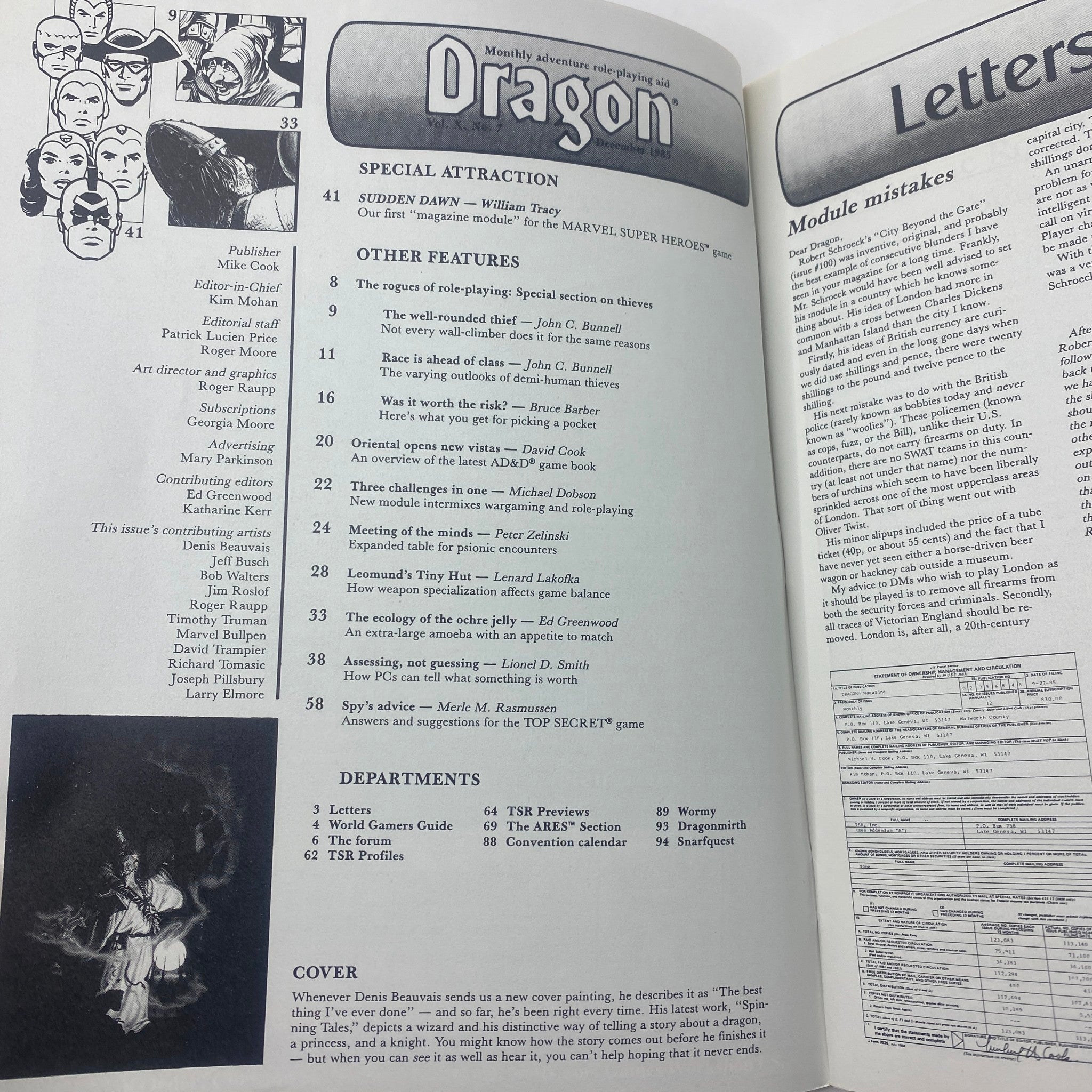 Inside page of VTG Dragon Magazine December 1985 #104 displaying the table of contents and various featured articles related to role-playing games.