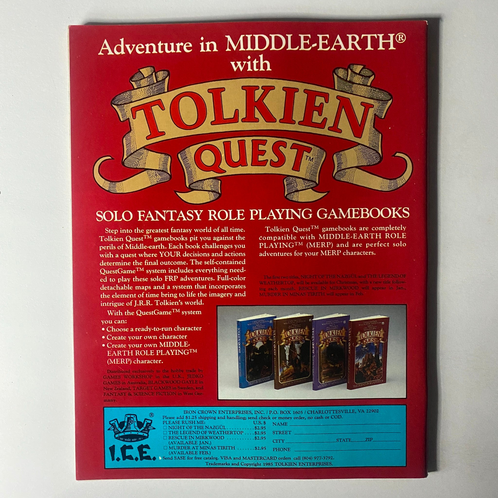 Back cover of VTG Dragon Magazine December 1985 #104 featuring an advertisement for Tolkien Quest solo fantasy role-playing gamebooks.