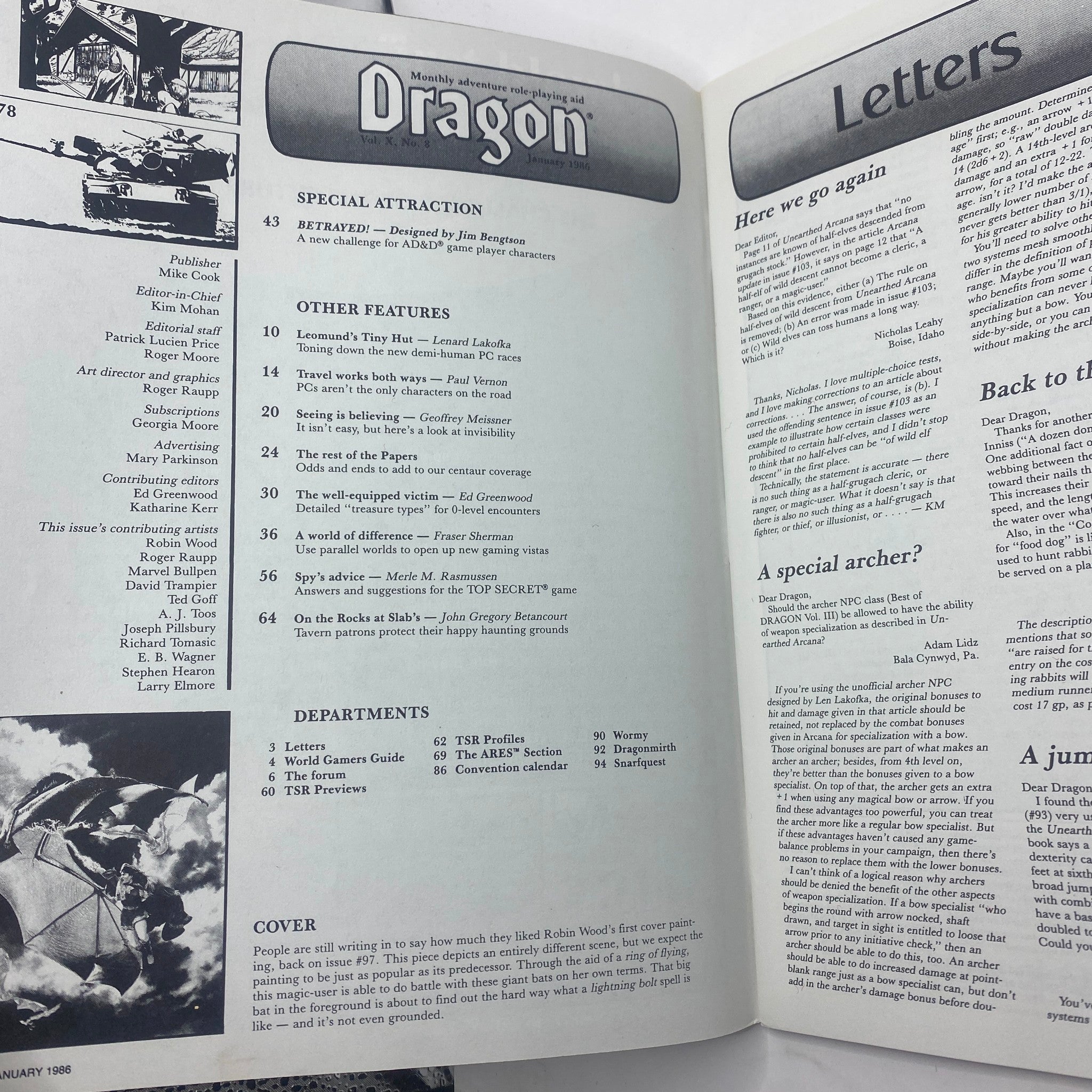Interior page of VTG Dragon Magazine January 1986 #105, showcasing the contents and features including game adventures and letters section.