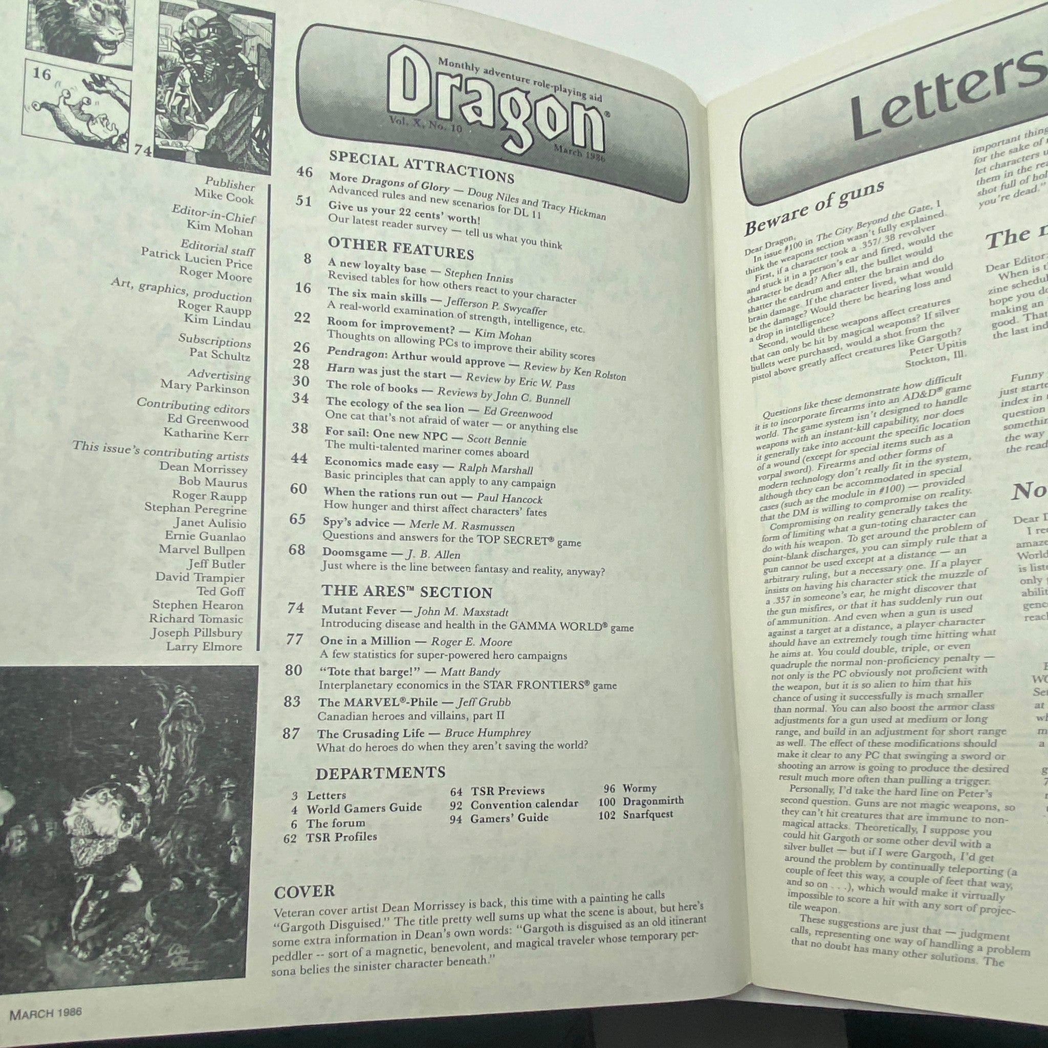 Interior page of VTG Dragon Magazine March 1986 #107 featuring the table of contents, articles, and the intriguing cover story of Gargoth Disguised, a collectible piece of gaming history.