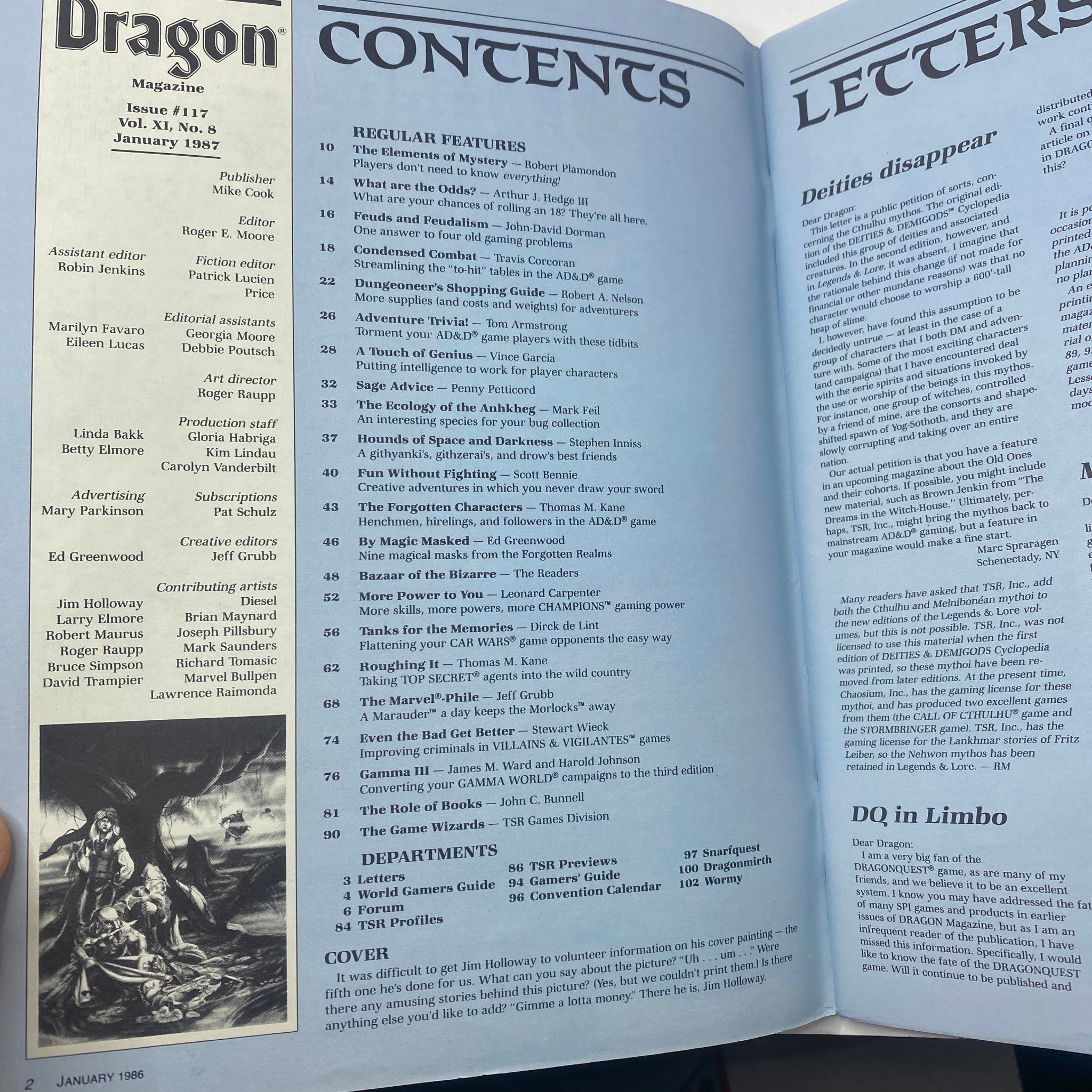 Contents page of VTG Dragon Magazine January 1987 No. 117 featuring list of articles and features with artwork by Jim Holloway.