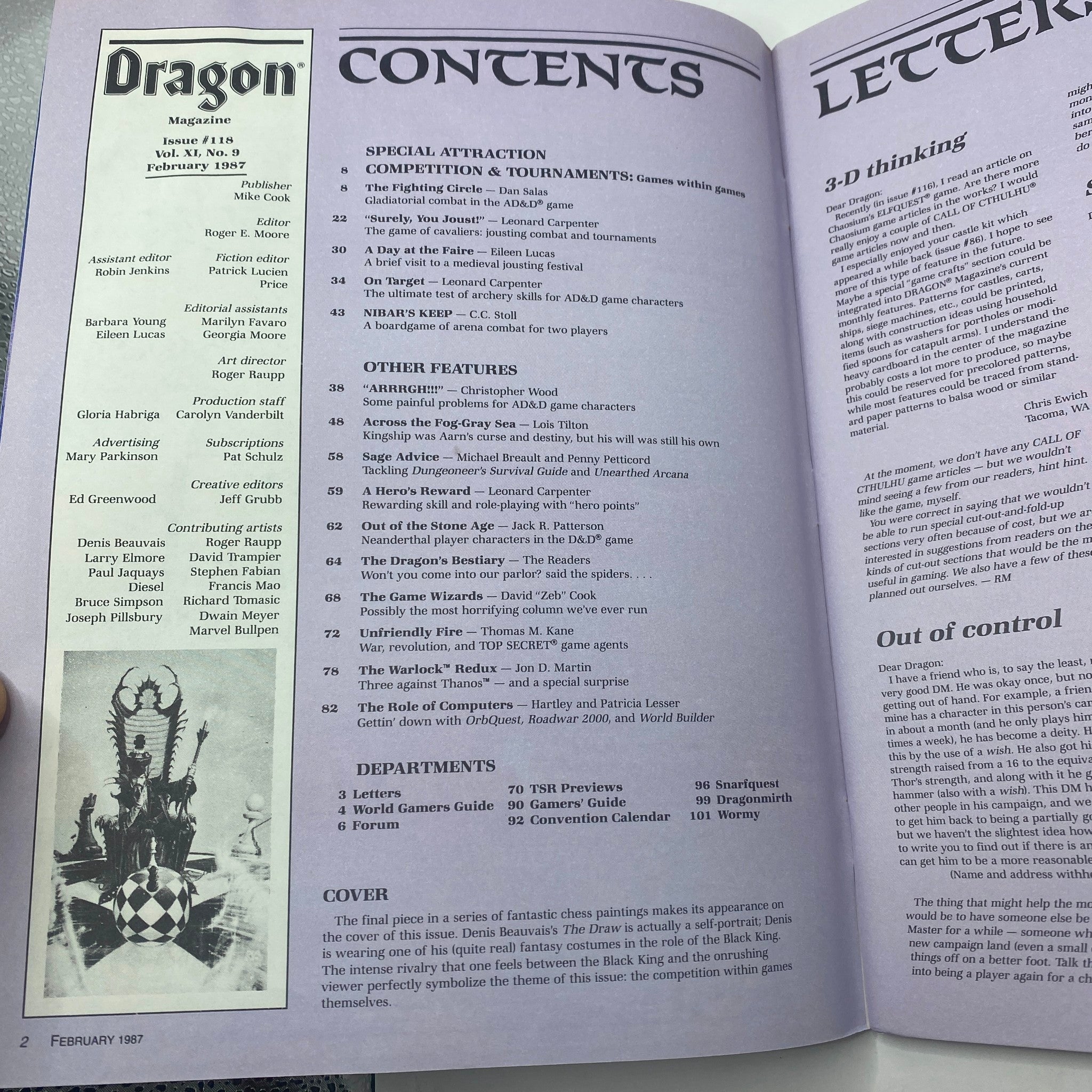 Table of contents from VTG Dragon Magazine February 1987 No. 118, highlighting various articles and features related to role-playing games and fantasy literature.