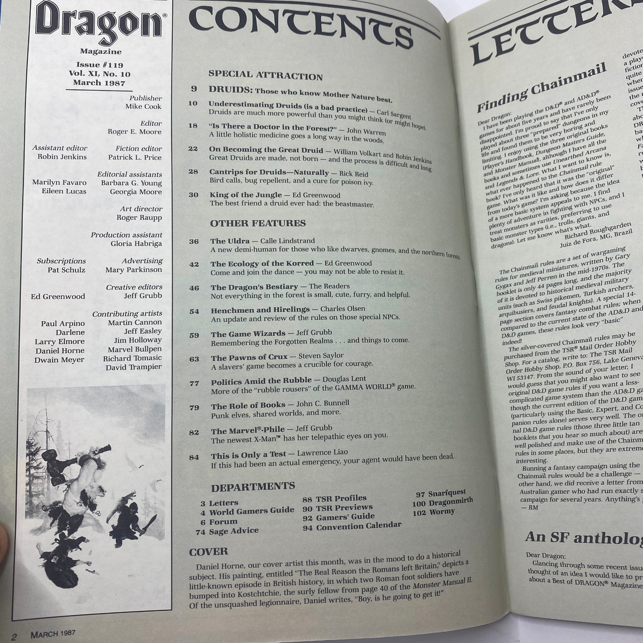 Interior view of Dragon Magazine March 1987 No. 119 featuring contents page and artwork, highlighting articles related to Dungeons & Dragons and role-playing games.