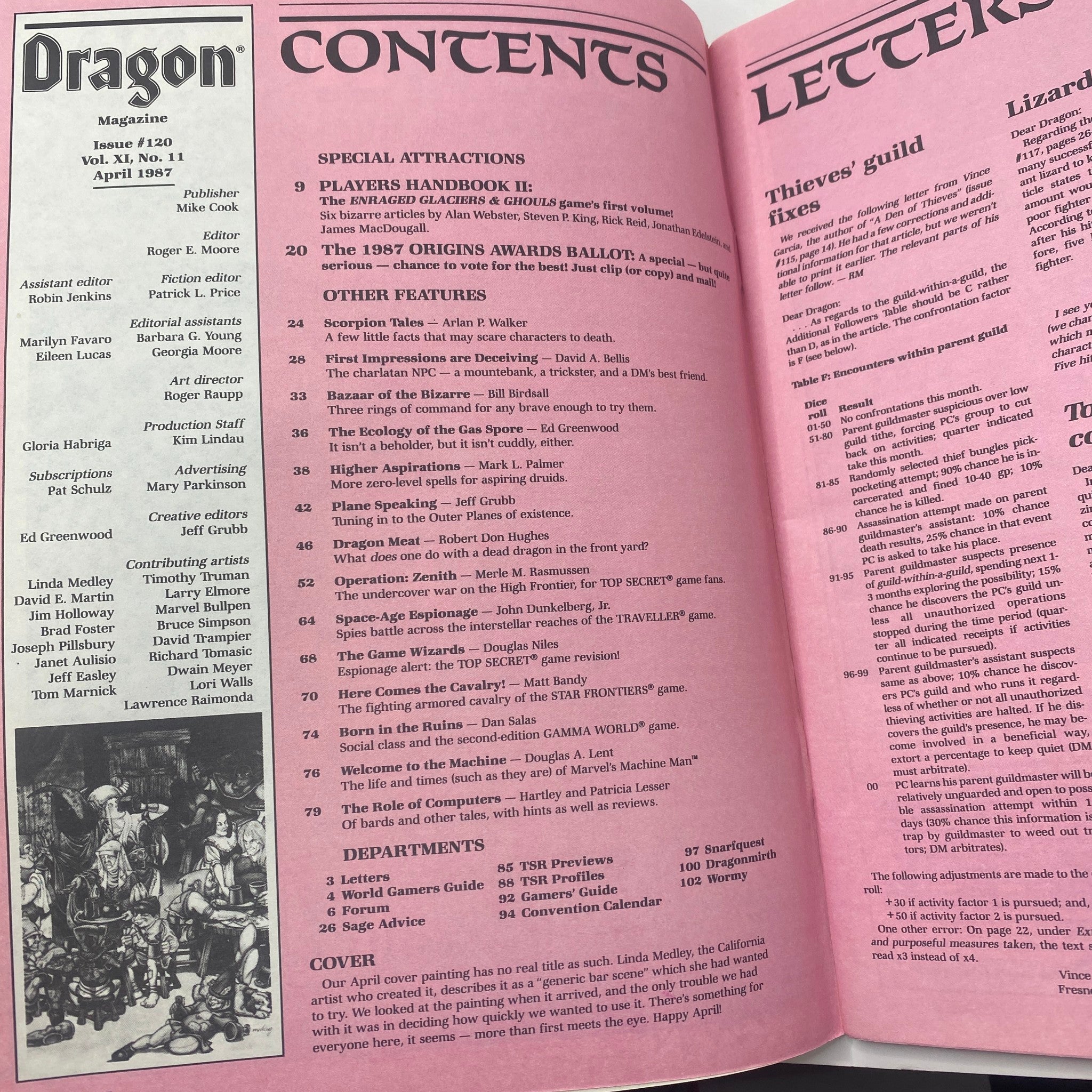 Contents page of VTG Dragon Magazine April 1987 No. 120, detailing features such as Players Handbook II and various articles, highlighting contributions by notable authors including Linda Medley.