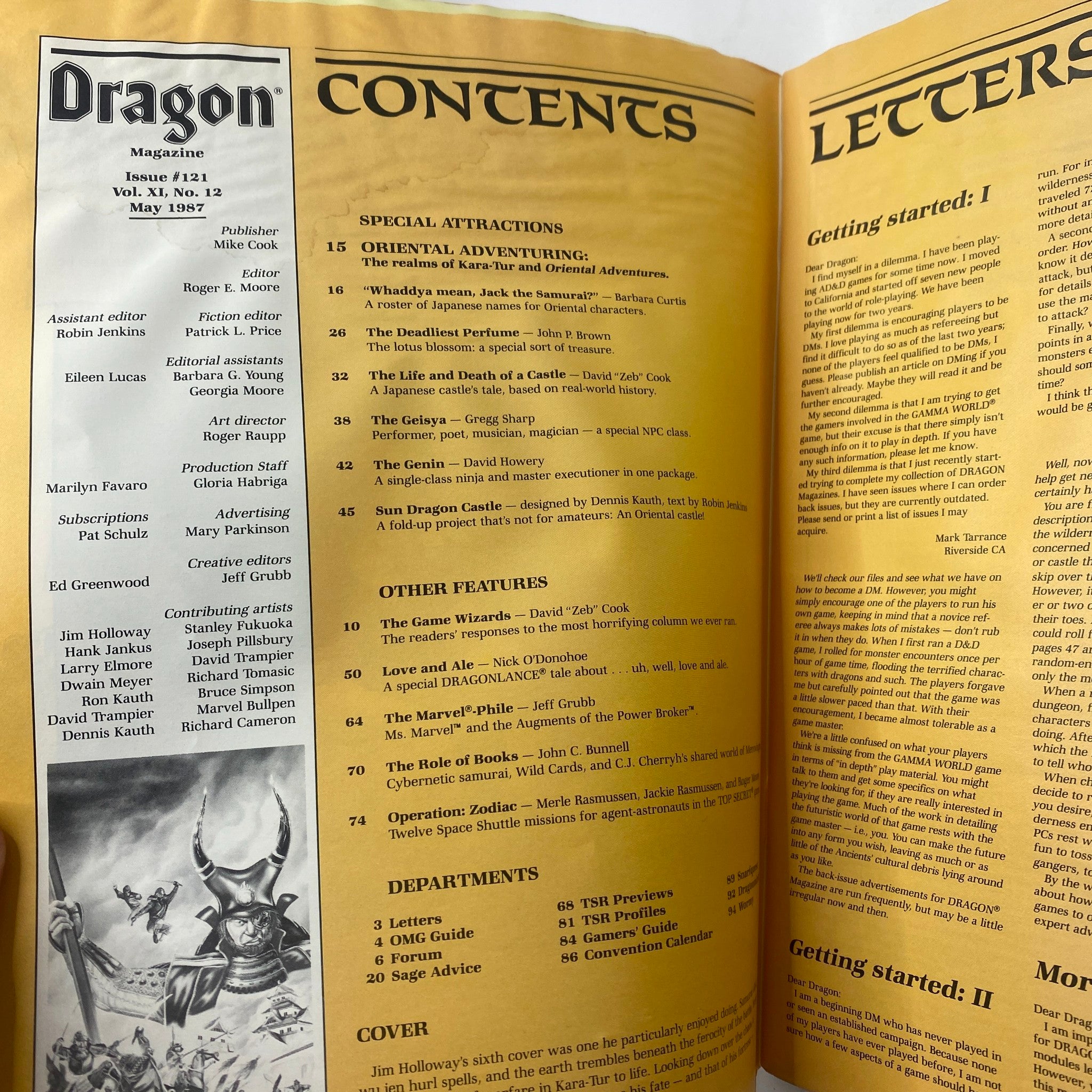 Contents page of Dragon Magazine May 1987 #121, outlining articles and features relevant to tabletop role-playing gamers.