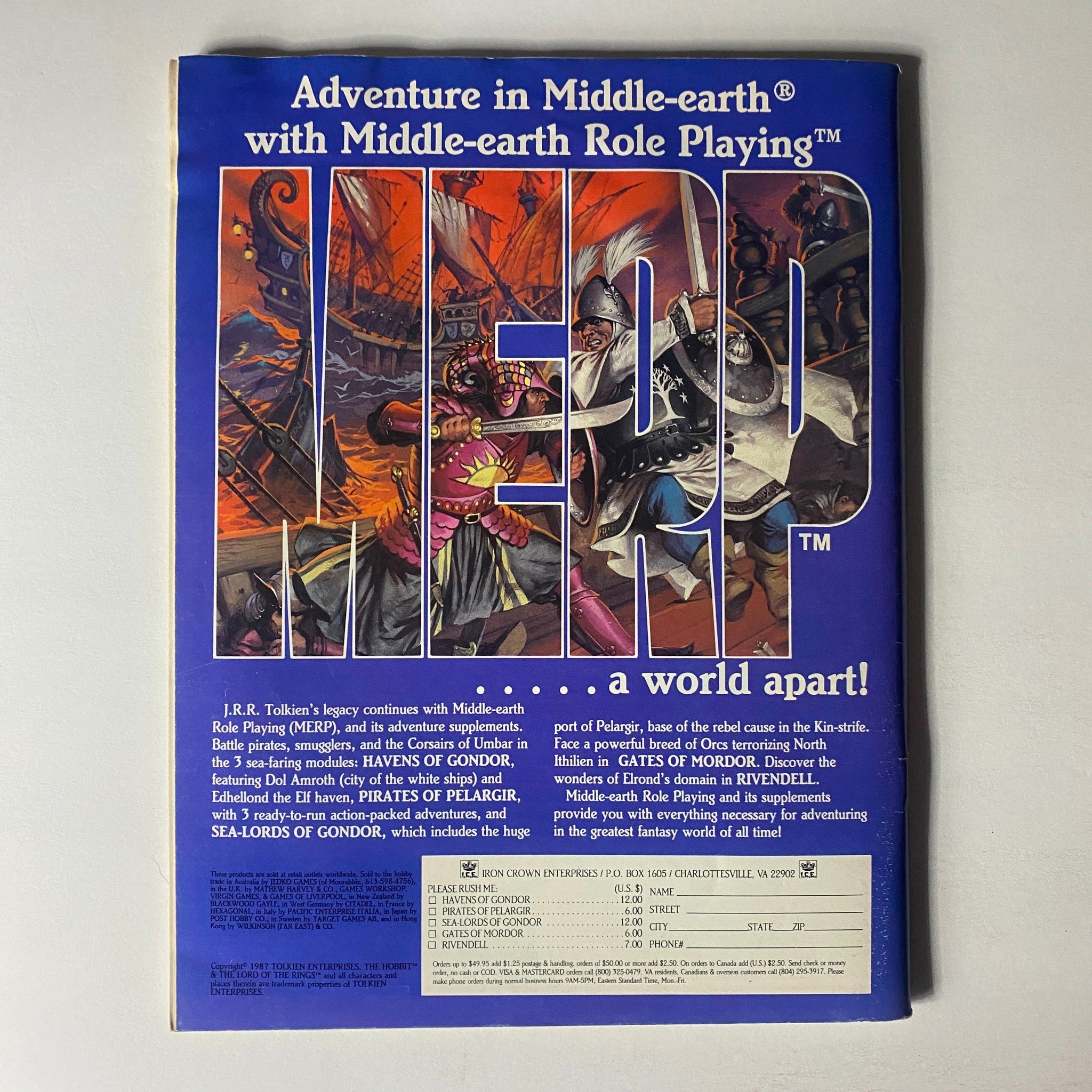 Dragon Magazine May 1987 	Back cover featuring artwork promoting Middle-earth Role Playing, representing key themes in fantasy roleplaying adventures.