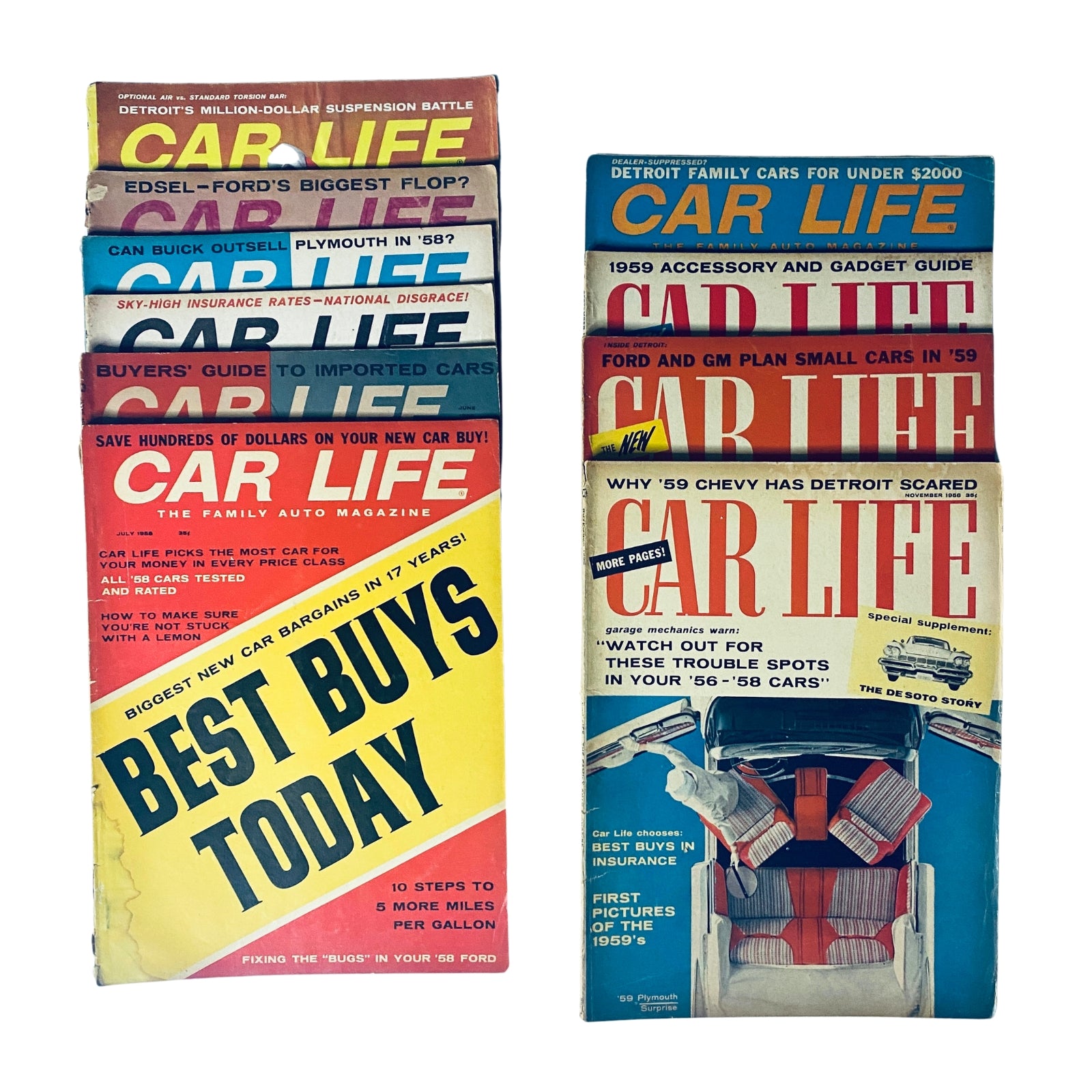 Lot of 10 Car Life The Family Auto Magazine issues from 1958, including colorful covers showcasing automotive themes such as consumer tests and family cars.
