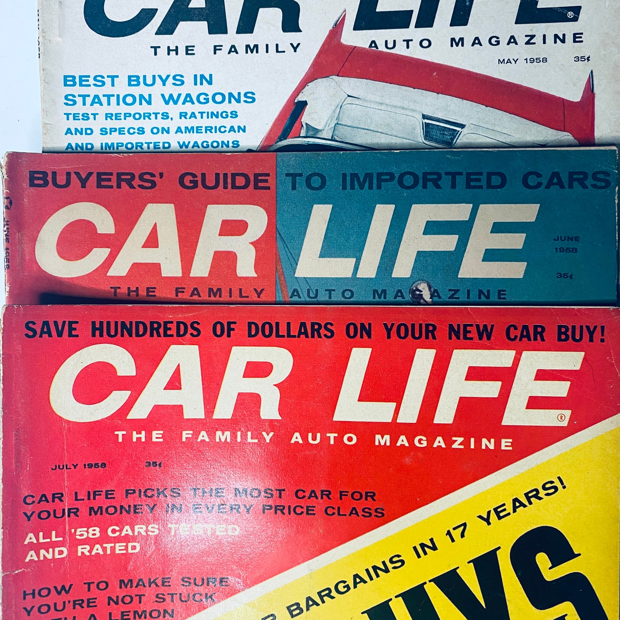 Lot of 10 Car Life The Family Auto Magazine from 1958, showcasing January, March, April, May, June, July, August, September, October, and November issues, featuring classic car articles and family-oriented automotive advice.