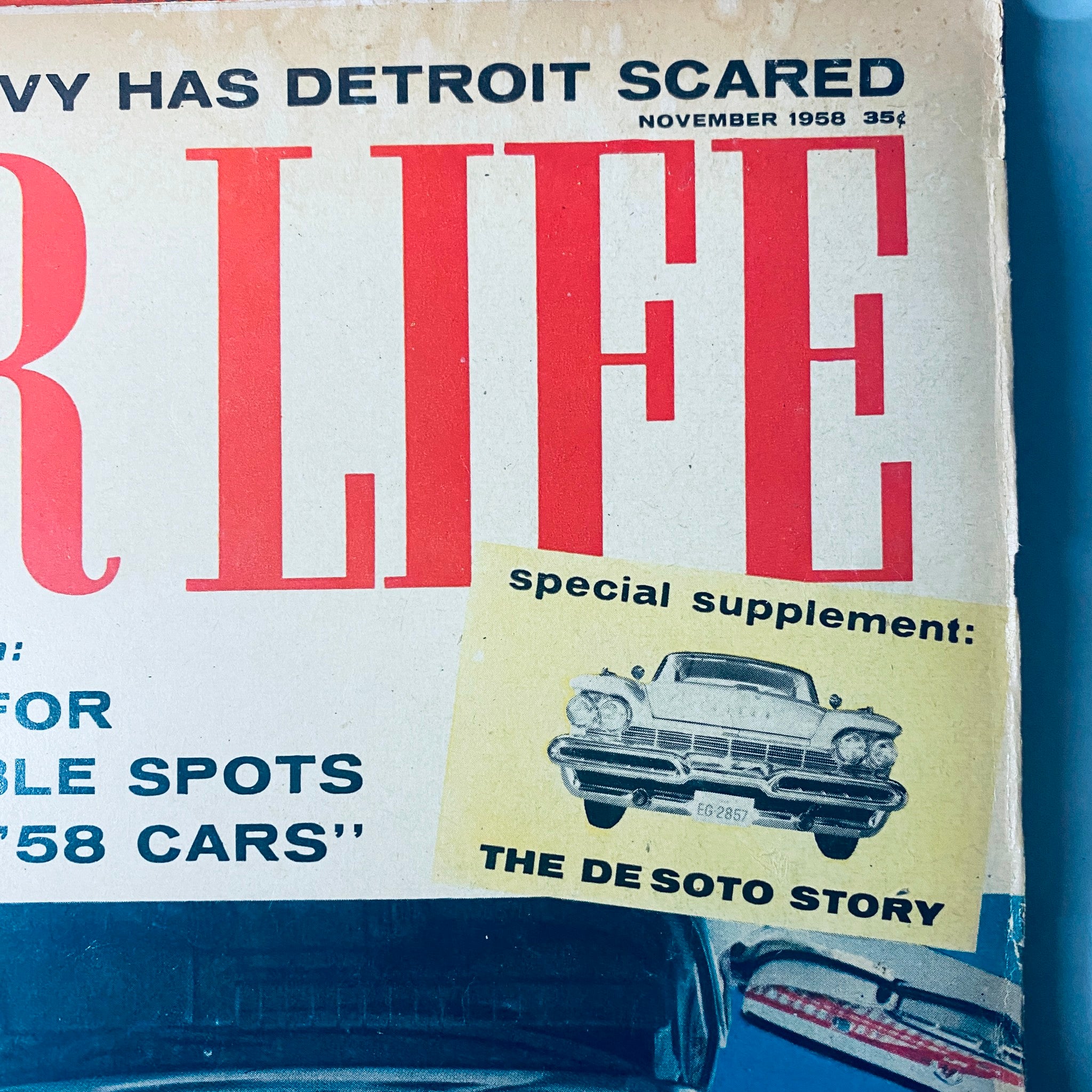 Lot of 10 Car Life The Family Auto Magazine, showcasing the November 1958 cover with a special supplement on 'The De Soto Story', focuses on family car choices during the late 1950s.