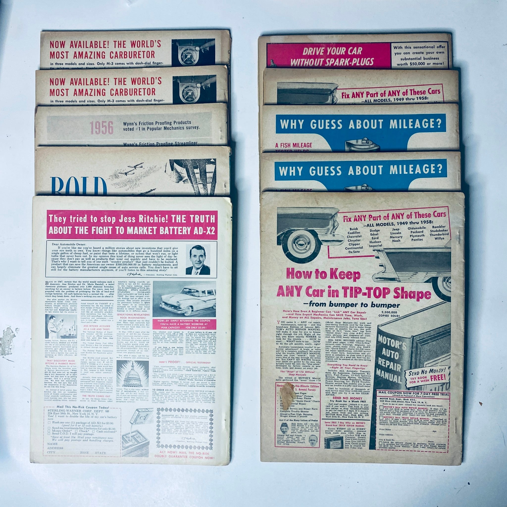 Lot of 10 Car Life The Family Auto Magazine from 1958, featuring various articles and ads, highlighting auto repair tips and car maintenance for families.