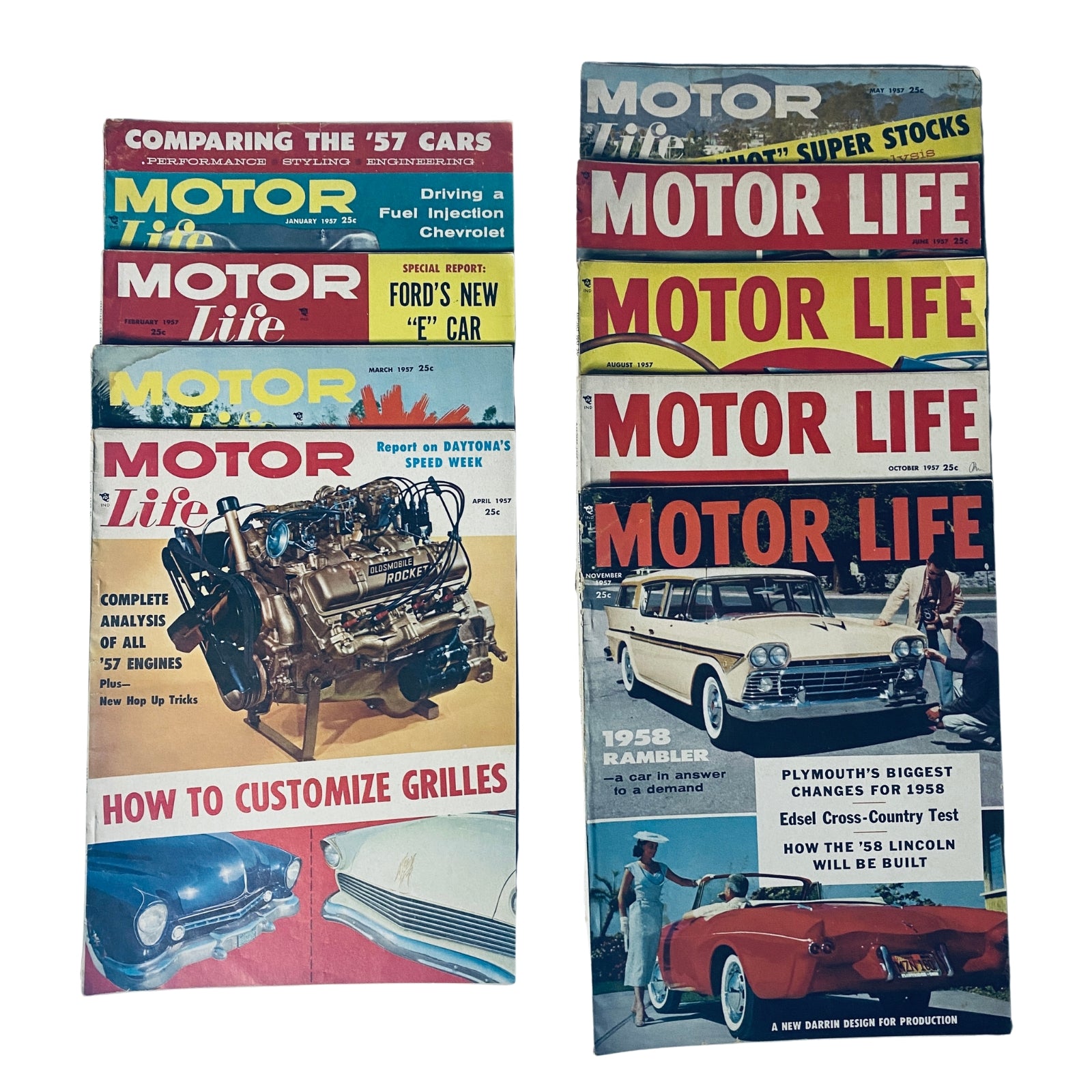 Lot of 9 Motor Life magazines from 1957, featuring vibrant covers showcasing automotive content, including features on customizing cars, engine reports, and classic cars of the era. This collection captures the spirit of mid-20th century motoring.