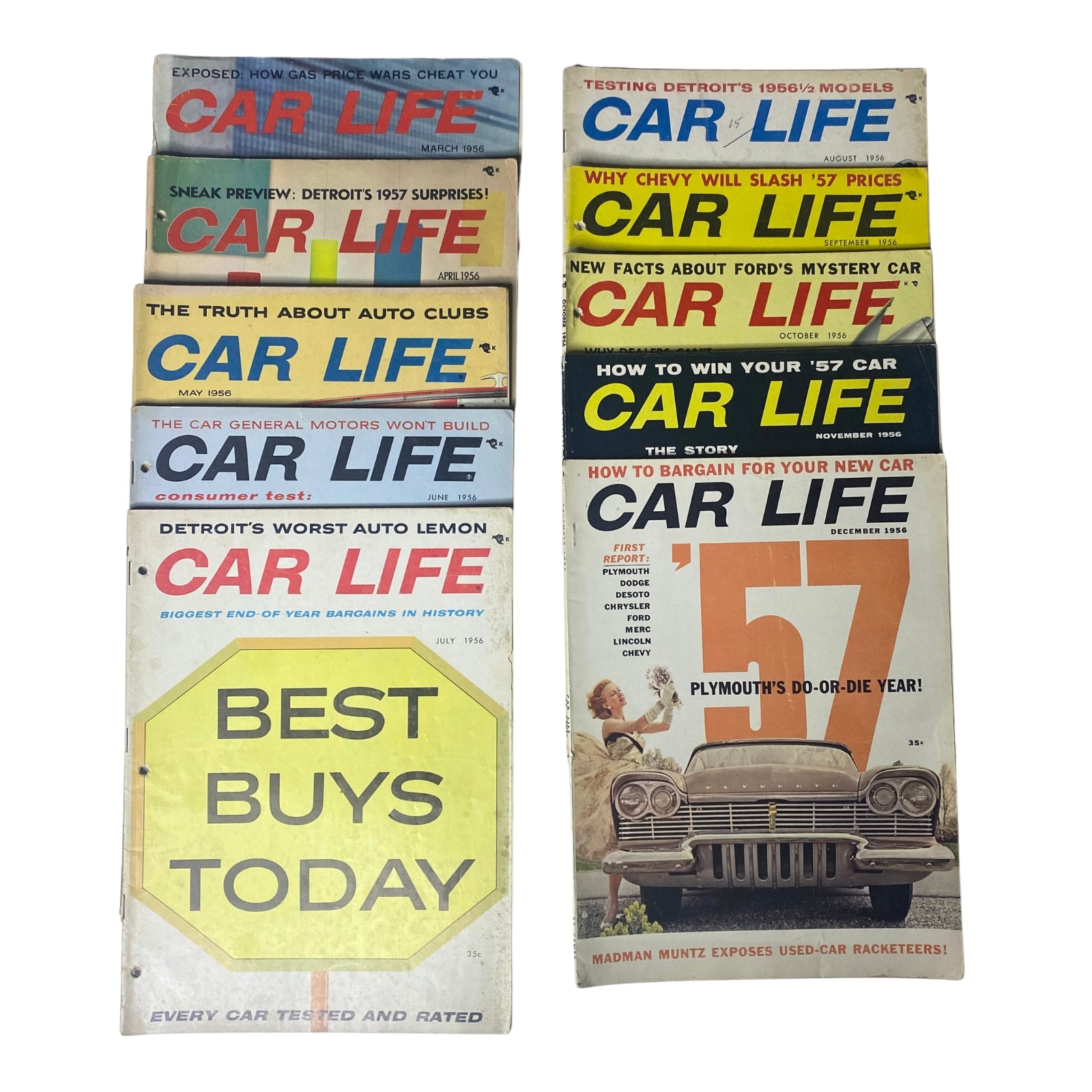 Collection of 10 issues of 'Car Life The Family Auto Magazine' from 1956, featuring covers from March to December, showcasing vintage car insights, consumer advice, and automotive trends from the era.