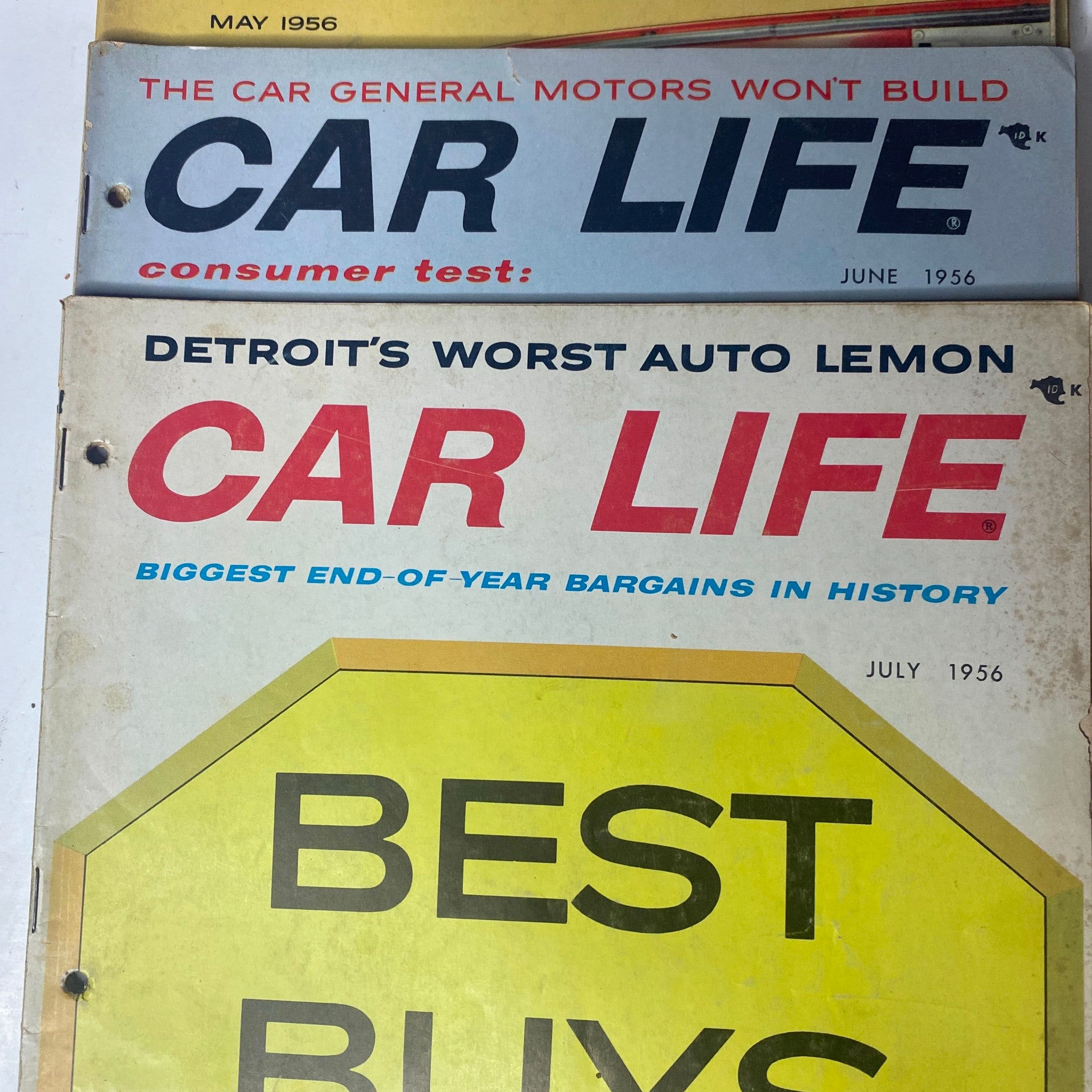 Car Life magazine cover from June and July 1956, discussing consumer tests and Detroit's Worst Auto Lemon. Included in the lot of 10 Car Life The Family Auto Magazine for 1956.