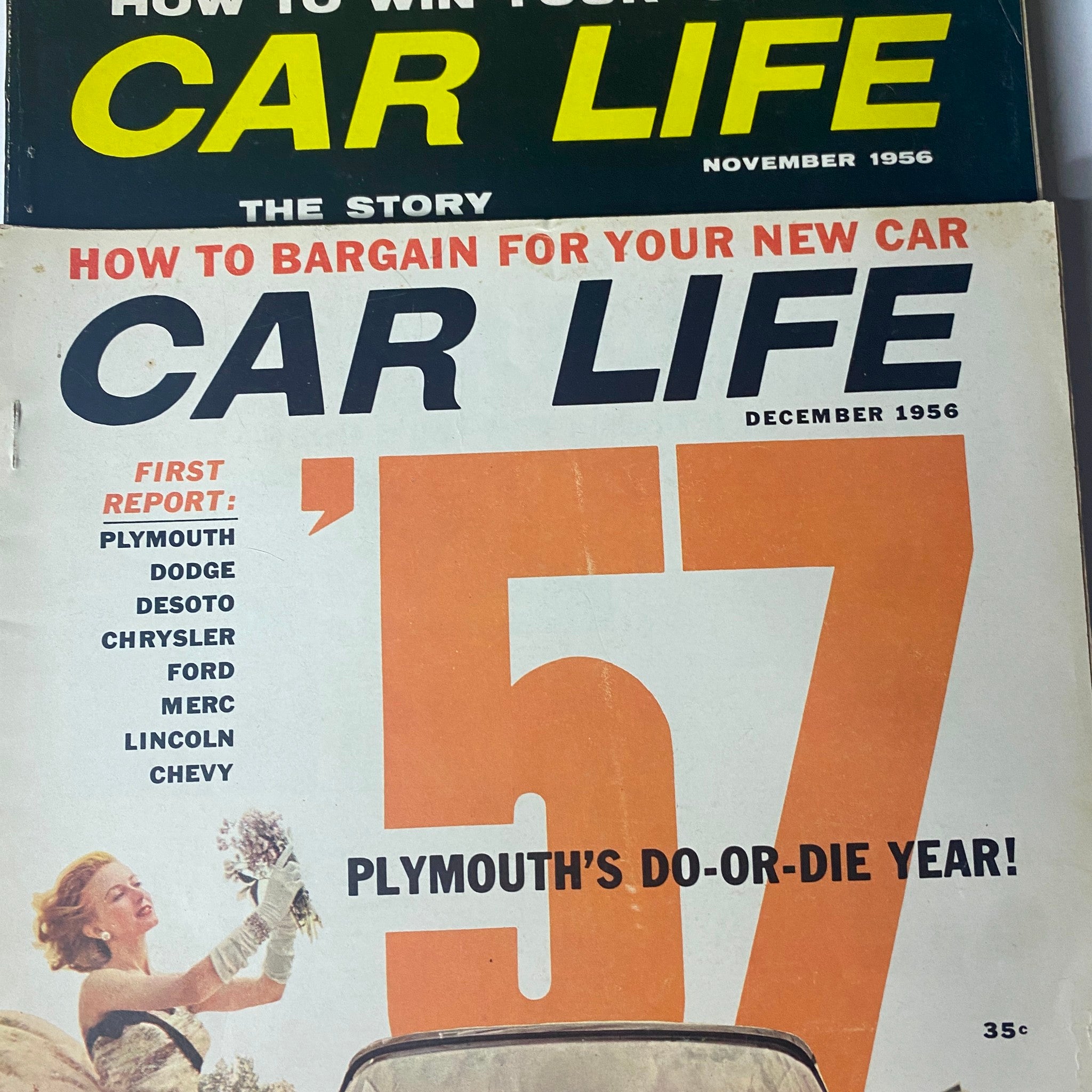 November and December 1956 covers of Car Life magazine, featuring articles on how to win the story and the new car bargaining process with a focus on various auto brands. From the lot of 10 Car Life The Family Auto Magazine for 1956.