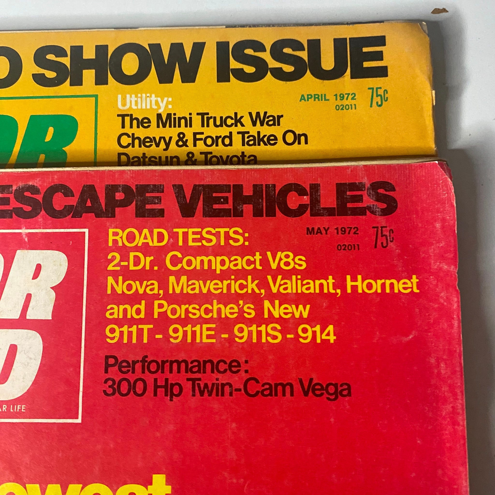 Lot of 5 Motor Trend Magazine 1972 January - May highlighting utility vehicles and road tests, featuring models like the Mini Truck War and Chevy.