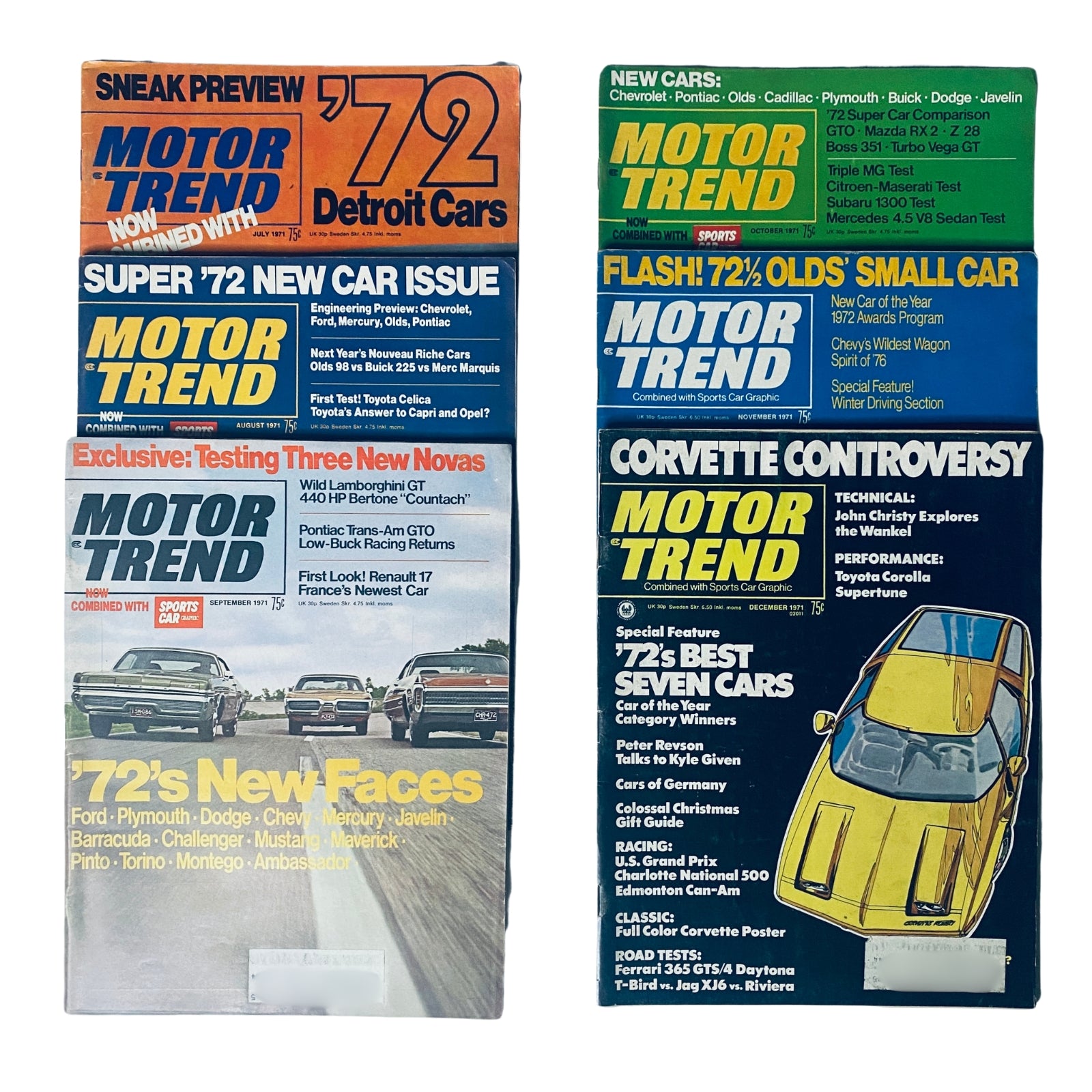 Lot of 6 Motor Trend Magazine covers from 1971, featuring automotive highlights and news from July to December, including topics like new car models and industry insights.
