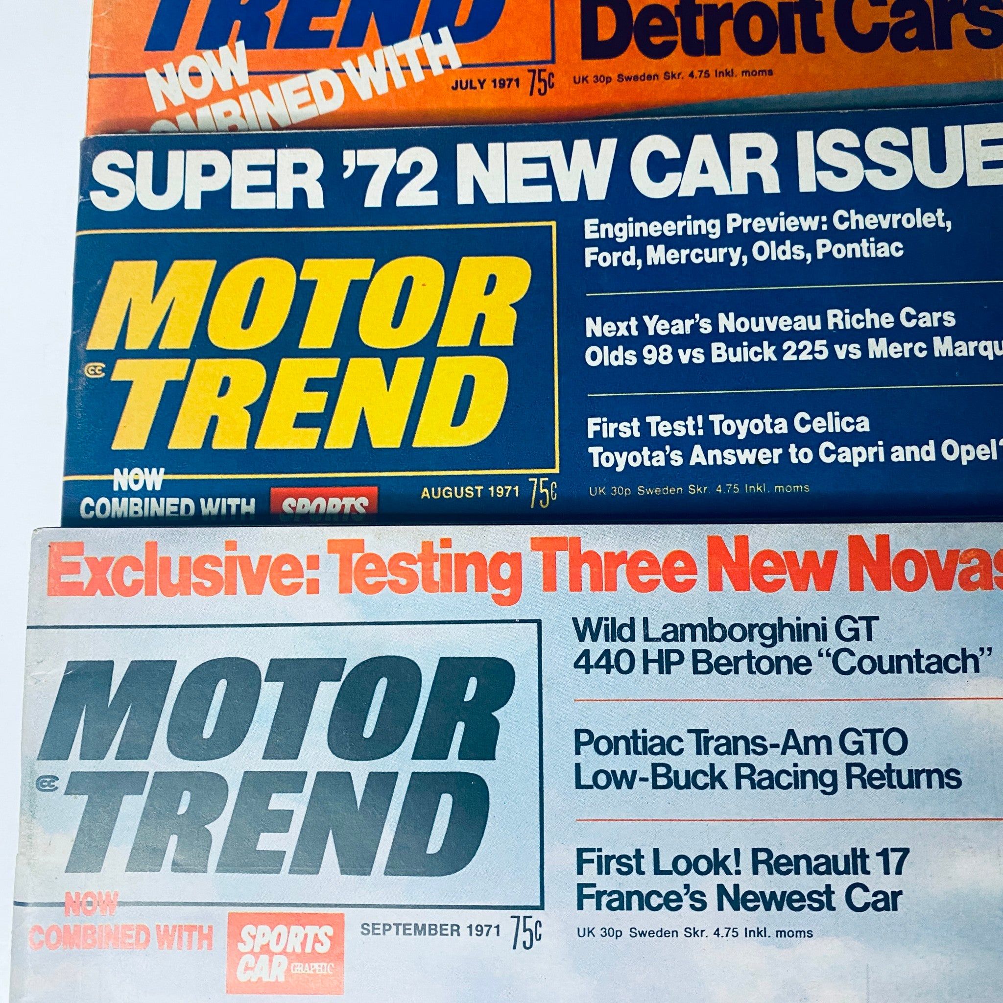 Cover of Motor Trend magazine for July 1971, featuring headlines about new car models and automotive trends, titled 'Motor Trend Lot of 6 Motor Trend Magazine 1971 July - December'.