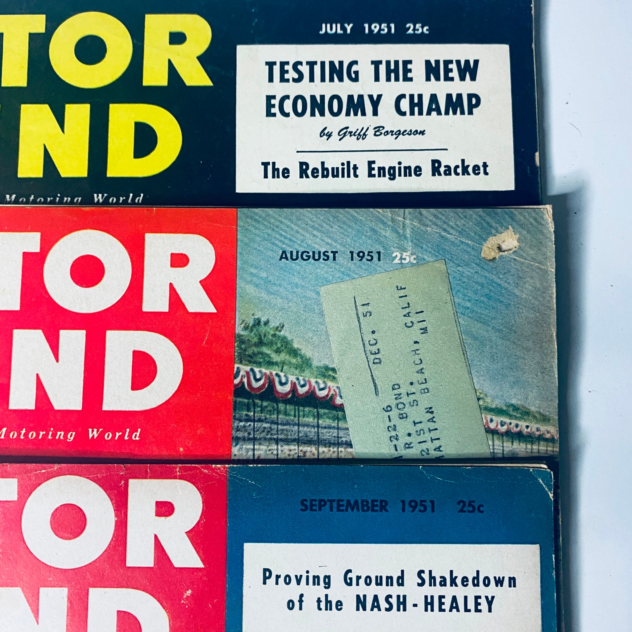 Cover section of Motor Trend Magazines from July, August, and September 1951, featured in the Lot of 9 Motor Trend Magazine 1951 March - November collection, highlighting classic car topics.