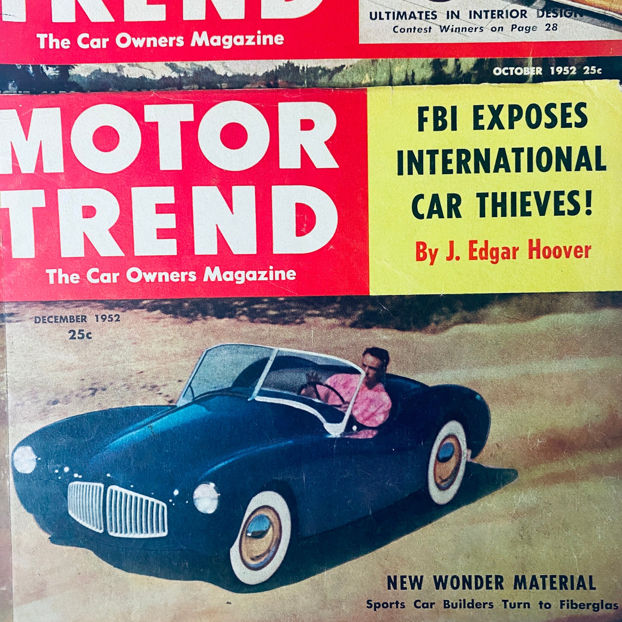 Lot of 7 Motor Trend Magazine, with the December 1952 cover featuring an article by J. Edgar Hoover on car thefts and the emergence of new materials in sports cars.