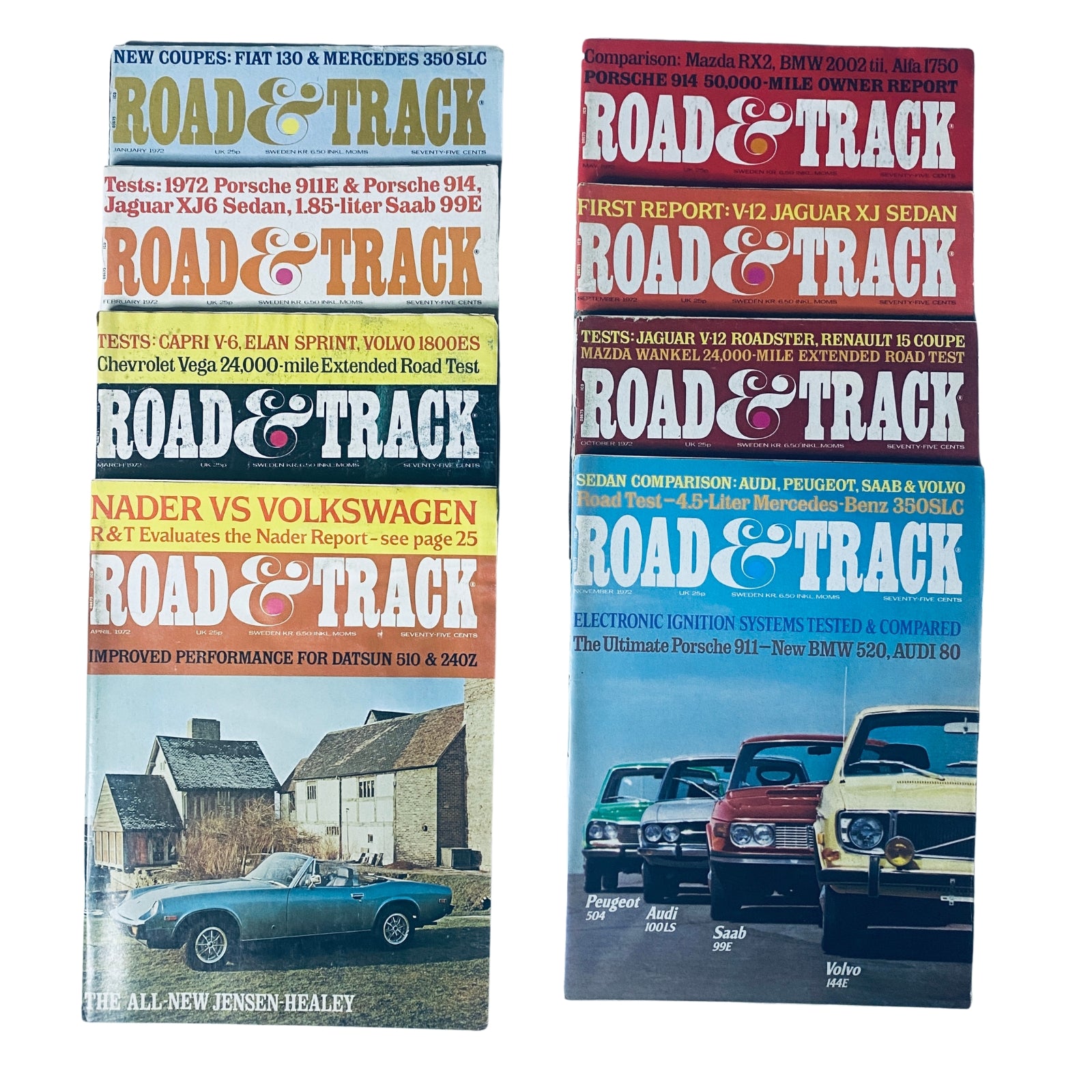 Lot of 8 Road and Track Magazine issues from 1972 including January - May and September - November, featuring automotive tests, reviews, and insights on various vehicles such as the Porsche 911, Jaguar XJ6, and more.