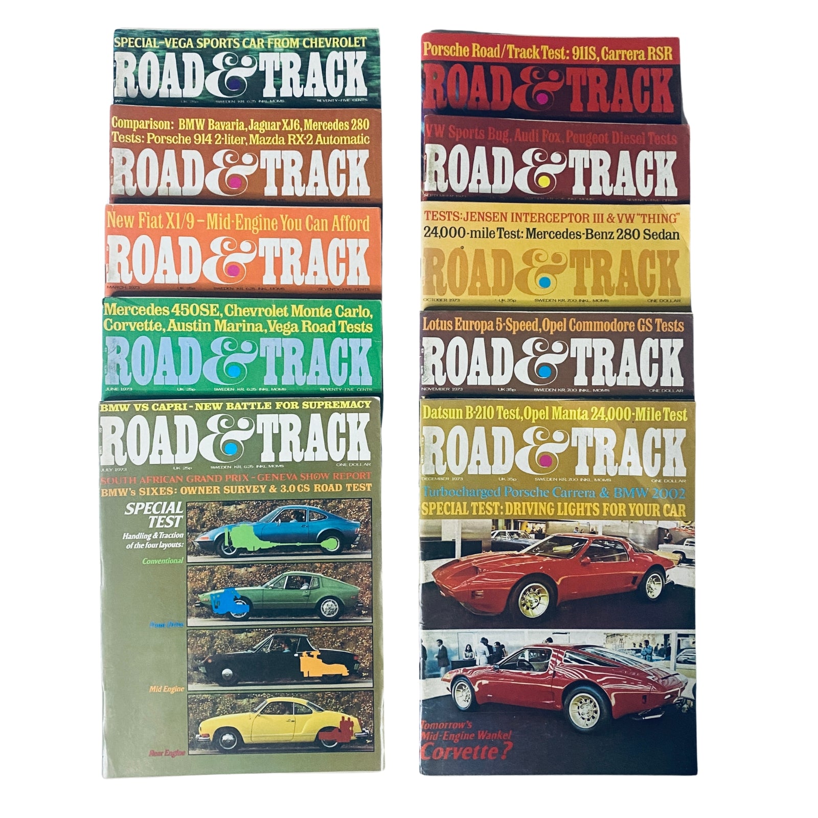 Lot of 10 Road and Track Magazine issues from 1973 featuring automotive reviews, road tests, and racing coverage, showcasing iconic car models including Porsche and Datsun.