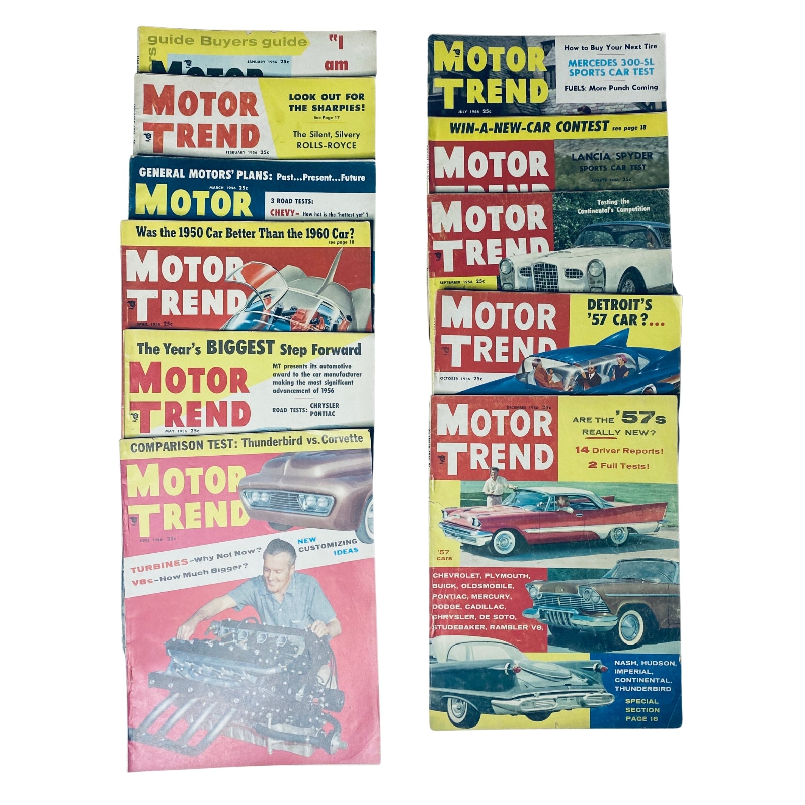 Lot of 11 Motor Trend Magazine issues from 1956, featuring covers titled 'Motor Trend' with titles such as 'Win-a-New-Car Contest', 'The Year’s BIGGEST Step Forward', and coverage on cars like 'Detroit's 57 Cars'.