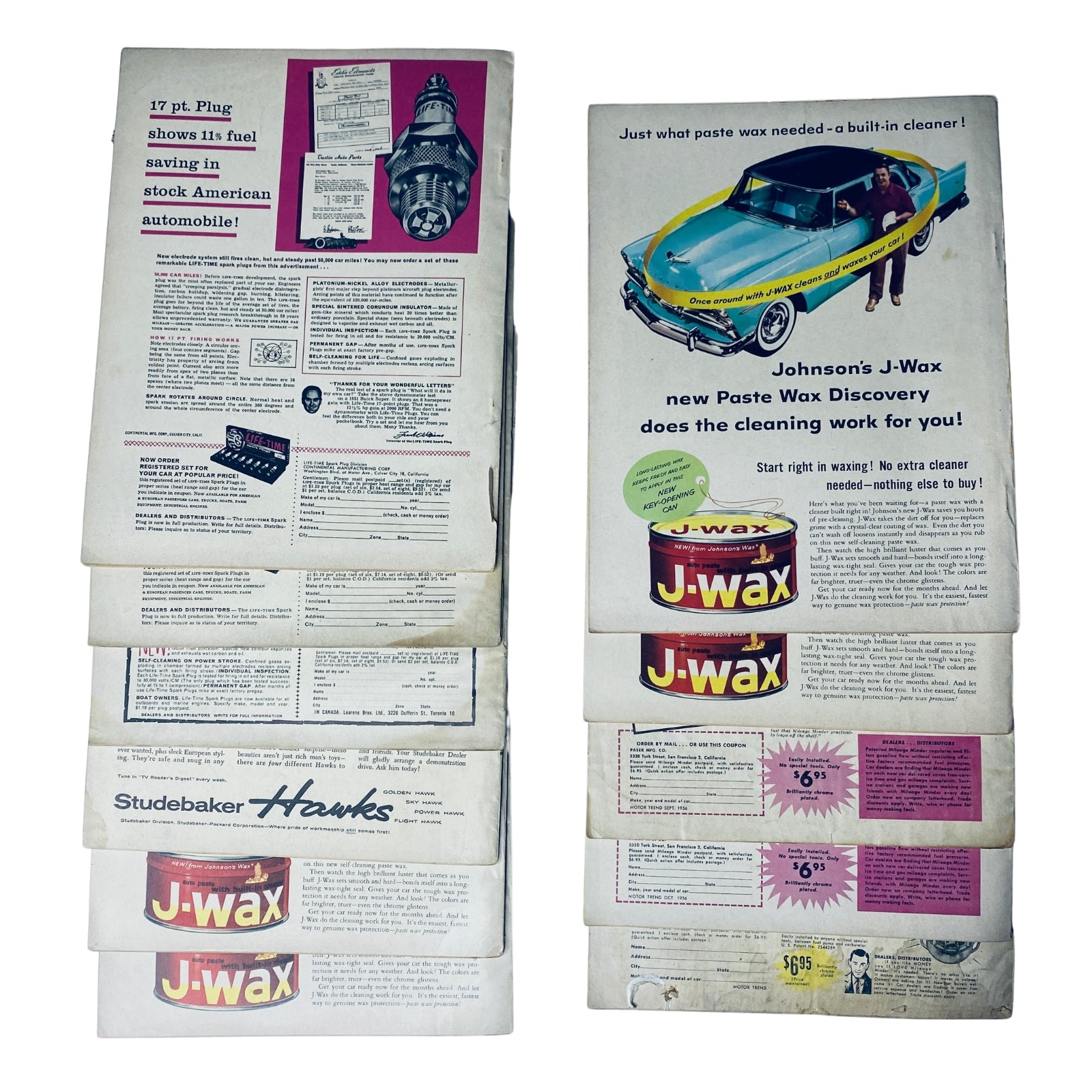 The back covers of 11 Motor Trend Magazine issues from 1956, showcasing advertisements including Johnson's J-Wax for automobile cleaning and features about Studebaker Hawks and automotive innovations.
