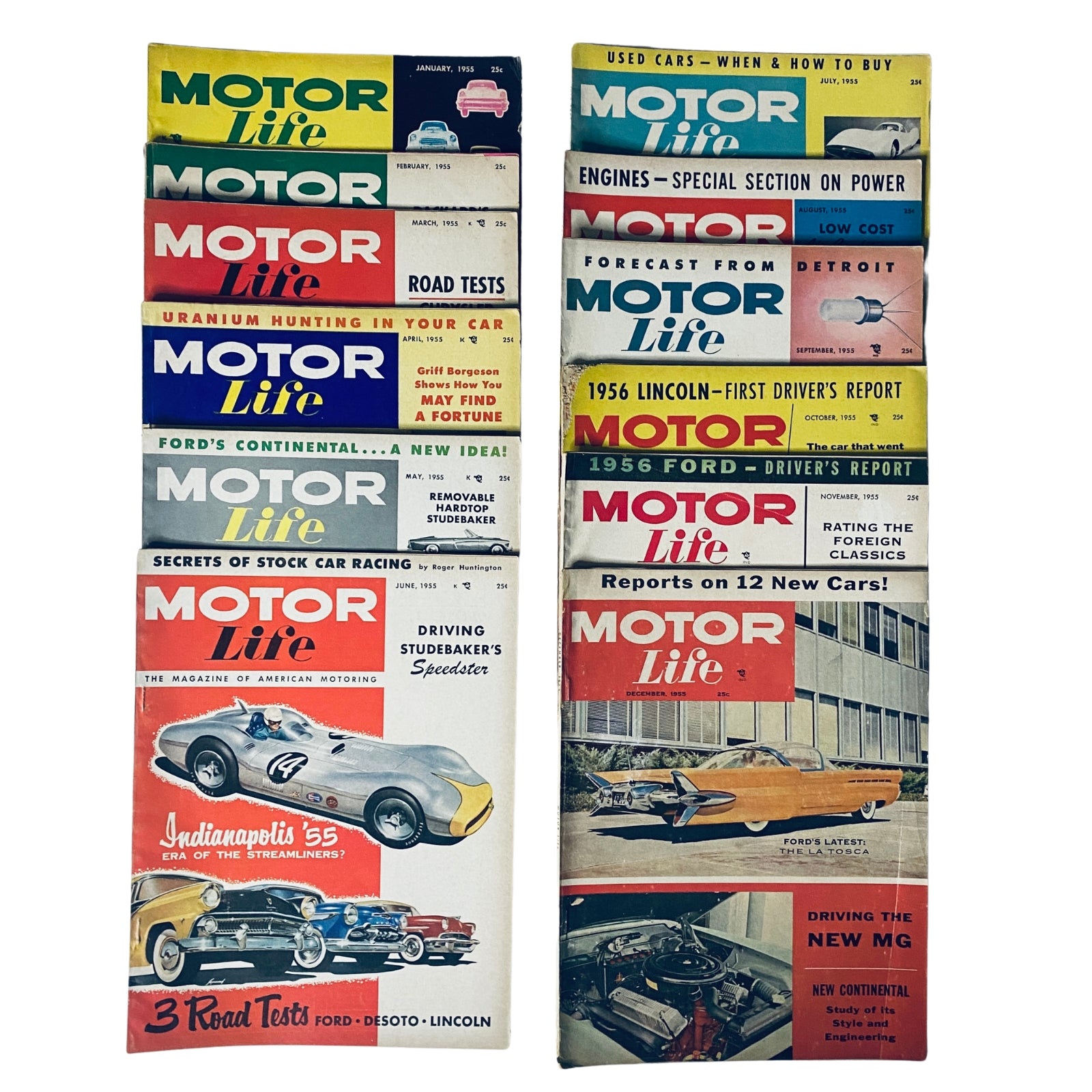 Lot of 12 Motor Life Magazine issues from 1955, featuring automotive trends, road tests, and advertisements from January to December, ideal for collectors and enthusiasts.