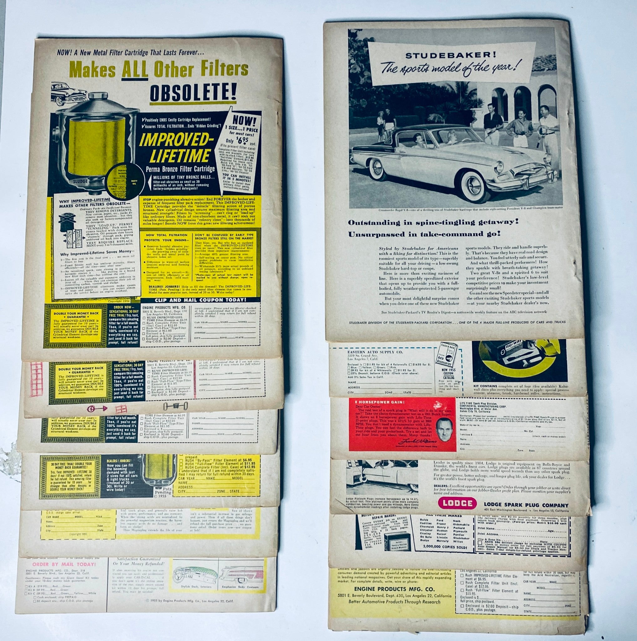Vintage advertisement pages from Motor Life Magazine 1955 Full Year January to December, showcasing automotive trends, advertisements, and features from the 1950s, ideal for collectors.