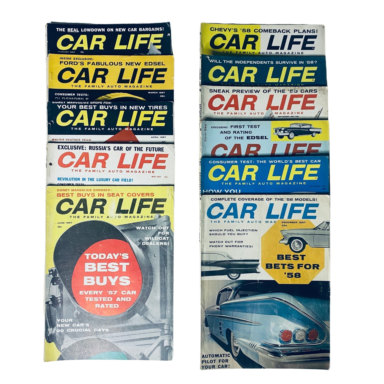 Lot of 11 Car Life The Family Auto Magazine issues from 1957, featuring vintage car coverage including automotive reviews and family-oriented articles. Covers visible include classic cars and automotive graphics.