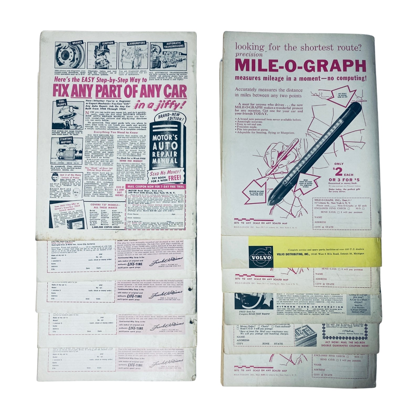 Back covers of vintage Car Life magazine issues with advertisements and promotions, showcasing automotive products and services from the 1950s, included in the Lot of 11 Car Life The Family Auto Magazine issues from 1957.