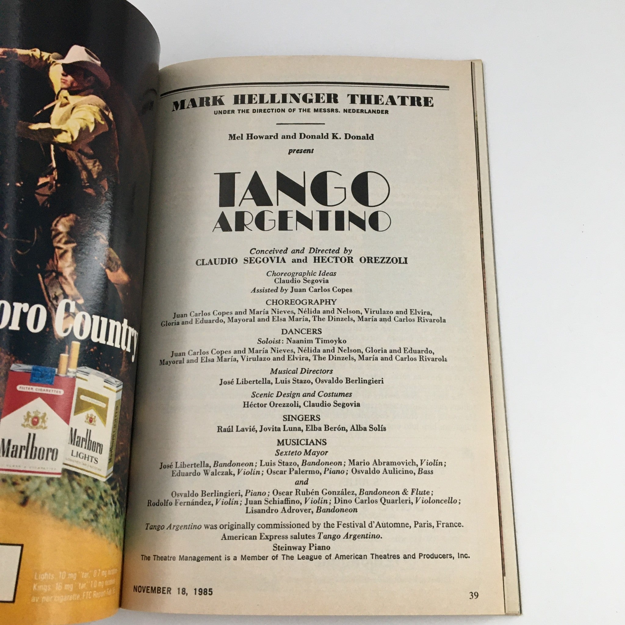 1985 Playbill Mark Hellinger Theatre Presents Tango Argentino by Claudio Segovia