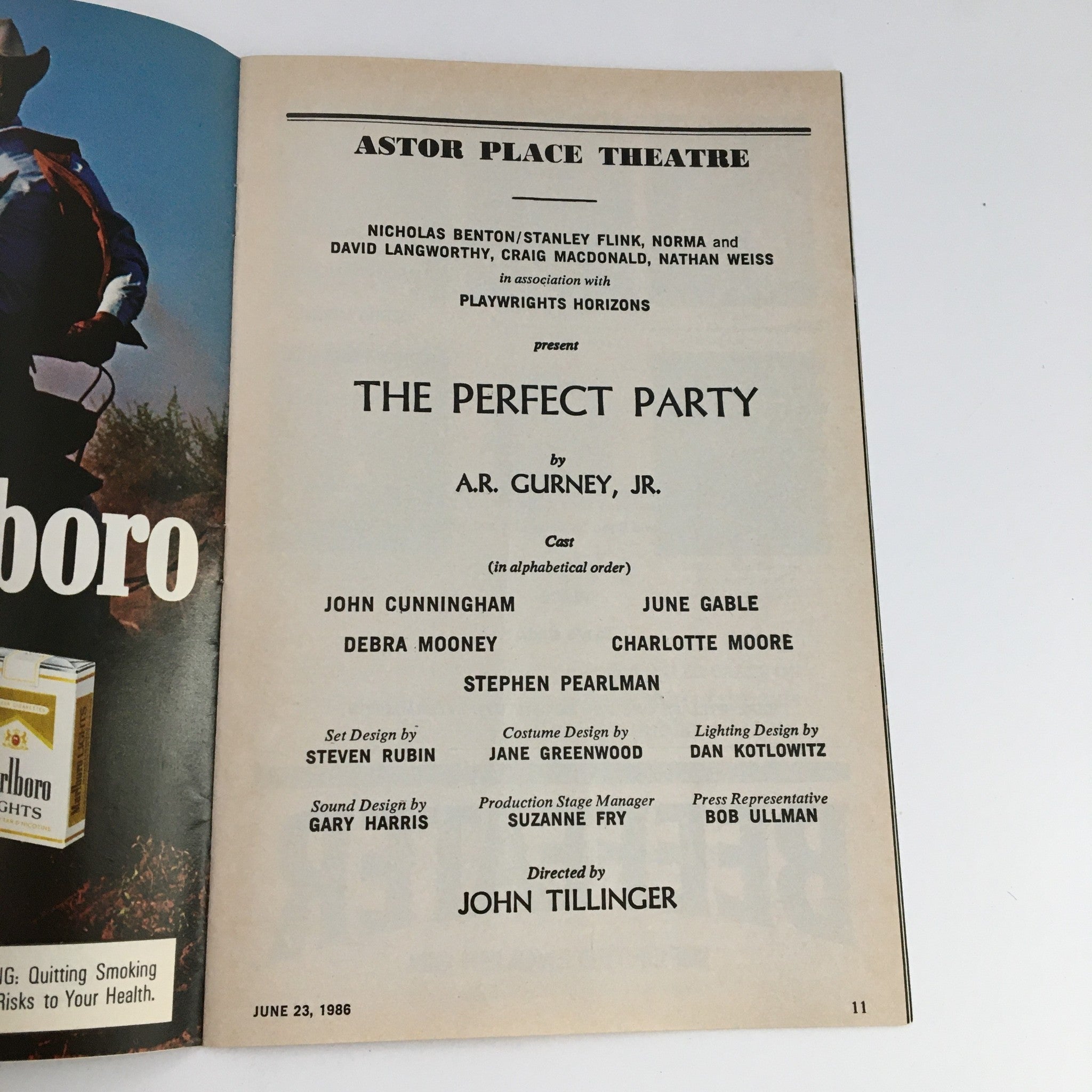 1986 Playbill Astor Palace Theatre Presents The Perfect Party by A.R. Gurney Jr.