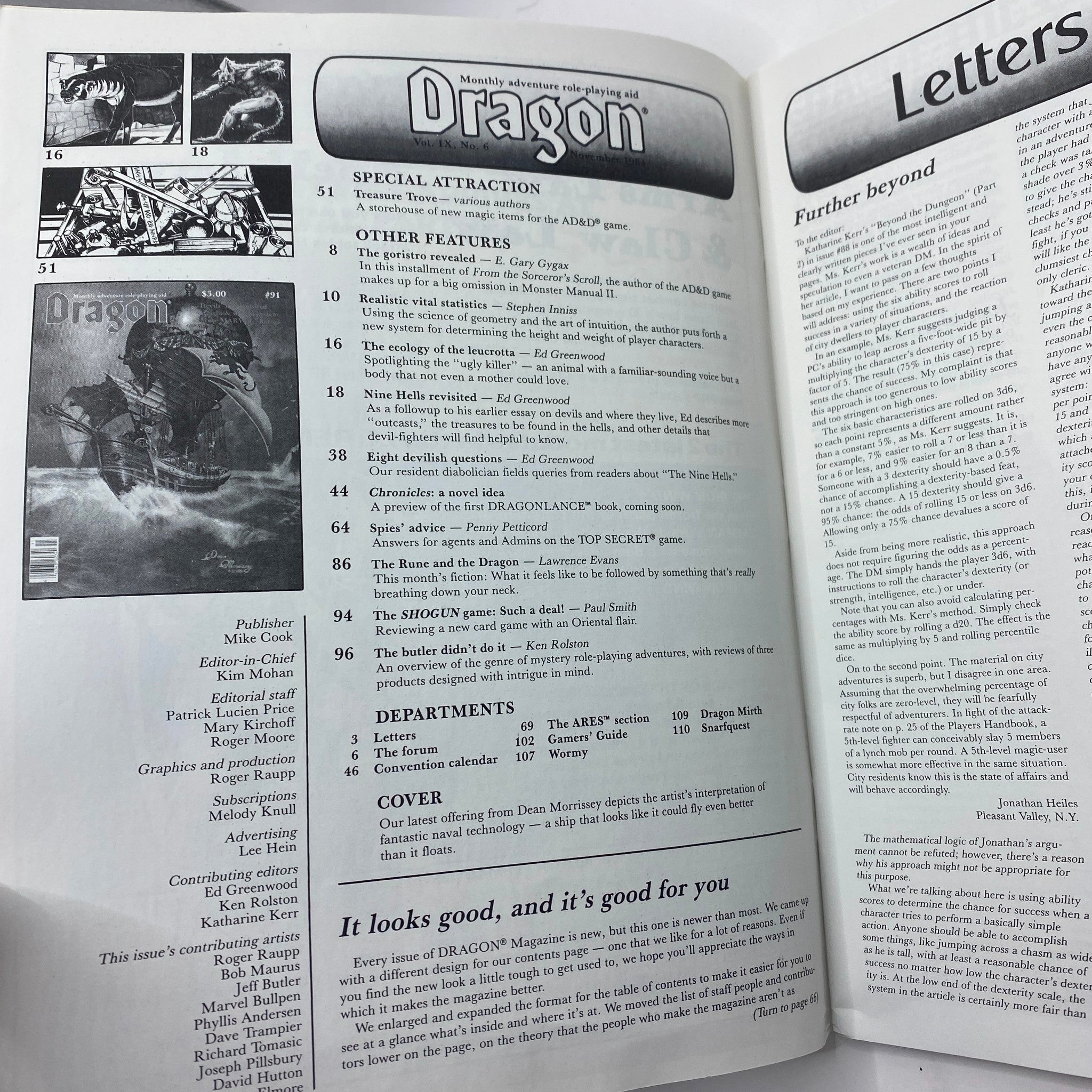 Interior page of VTG Dragon Magazine November 1984 #91 highlighting a table of contents with references to various articles and features related to Dungeons & Dragons.